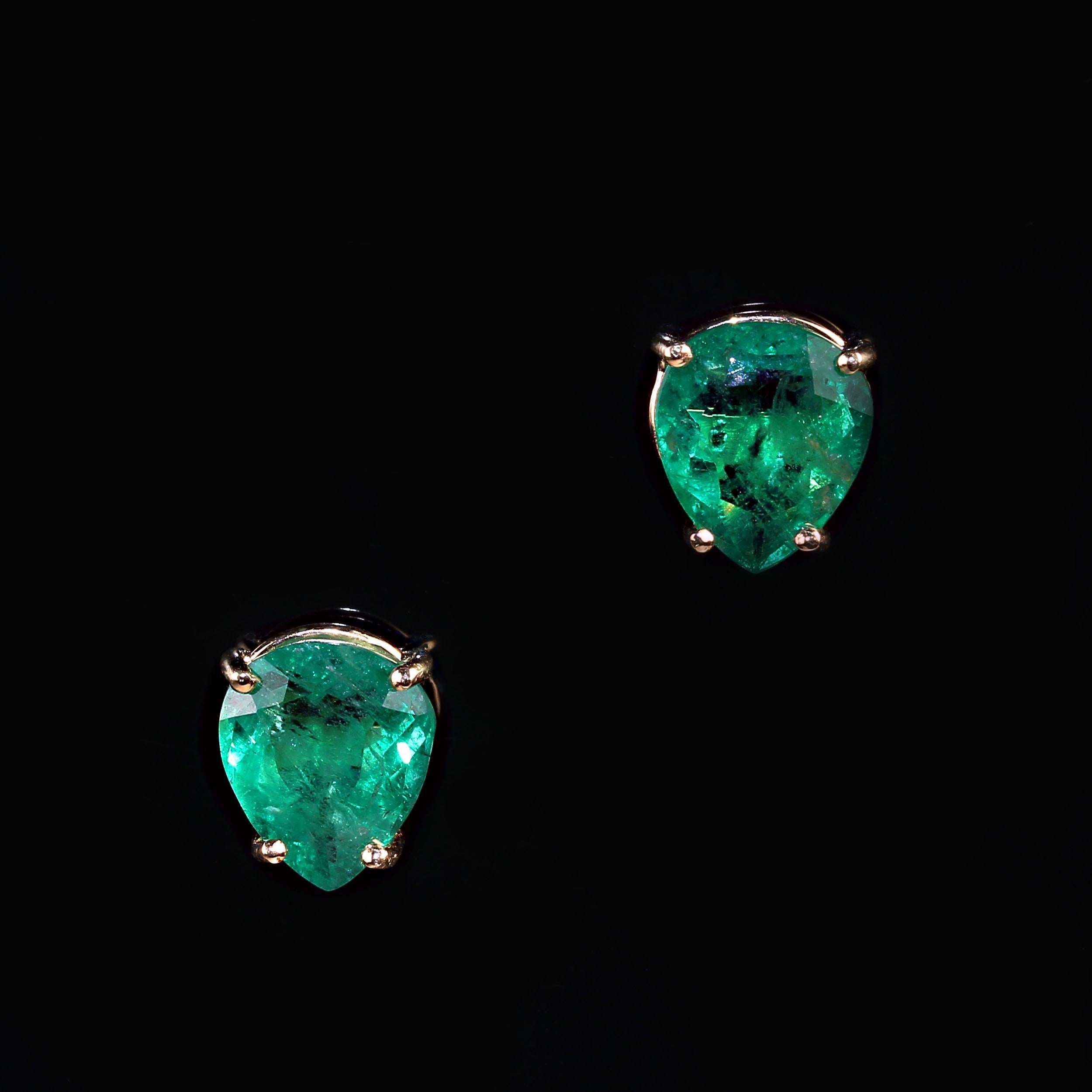 Pear Cut AJD Awesomely Elegant Emerald Earrings in 18K Yellow Gold For Sale