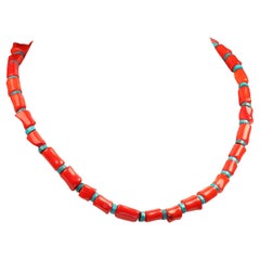 AJD Beaded Necklace, Orange Coral tubes and Turquoise Rondelle Necklace 