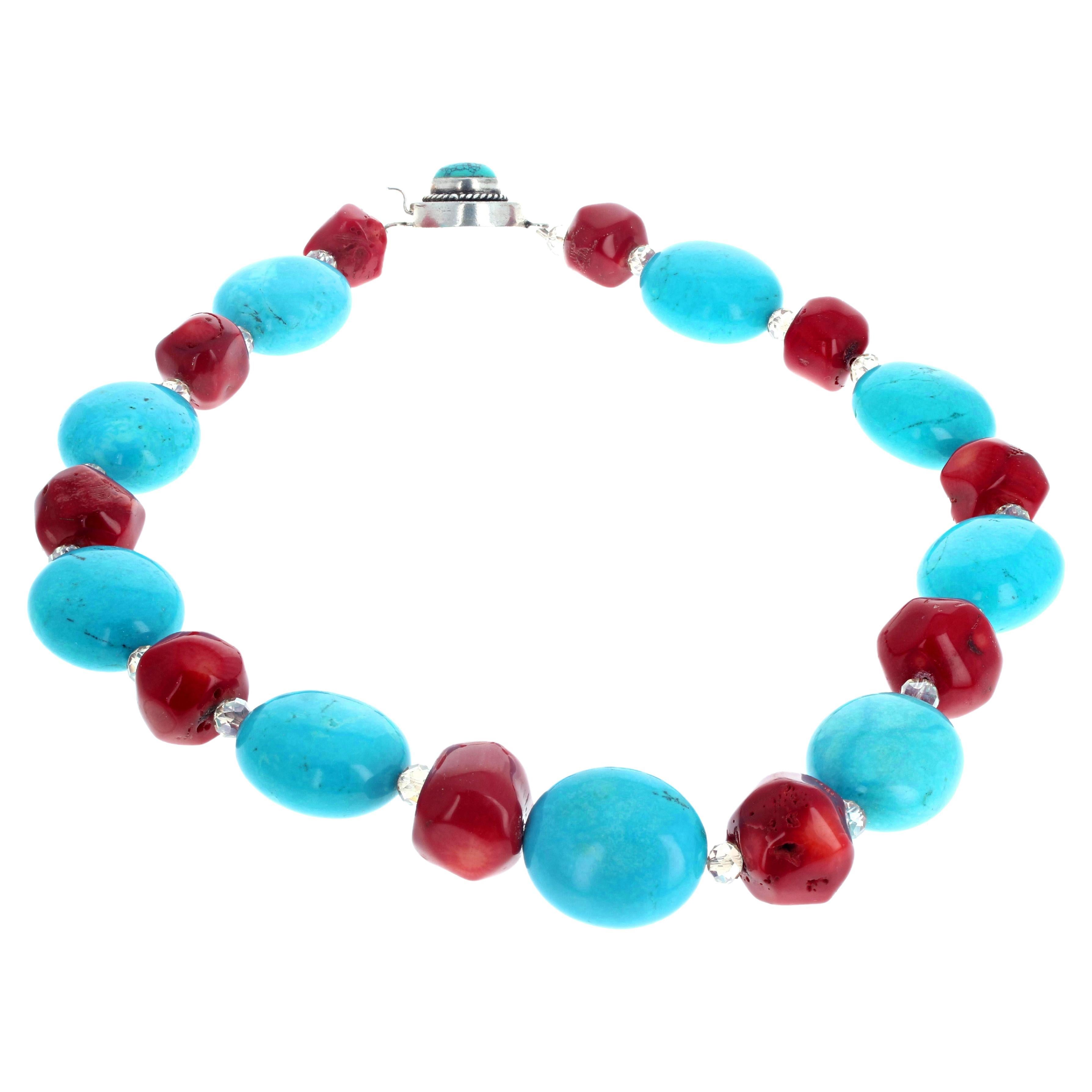 AJD Beautiful Blue Turquoise and  Polished Red Coral 20" Necklace For Sale
