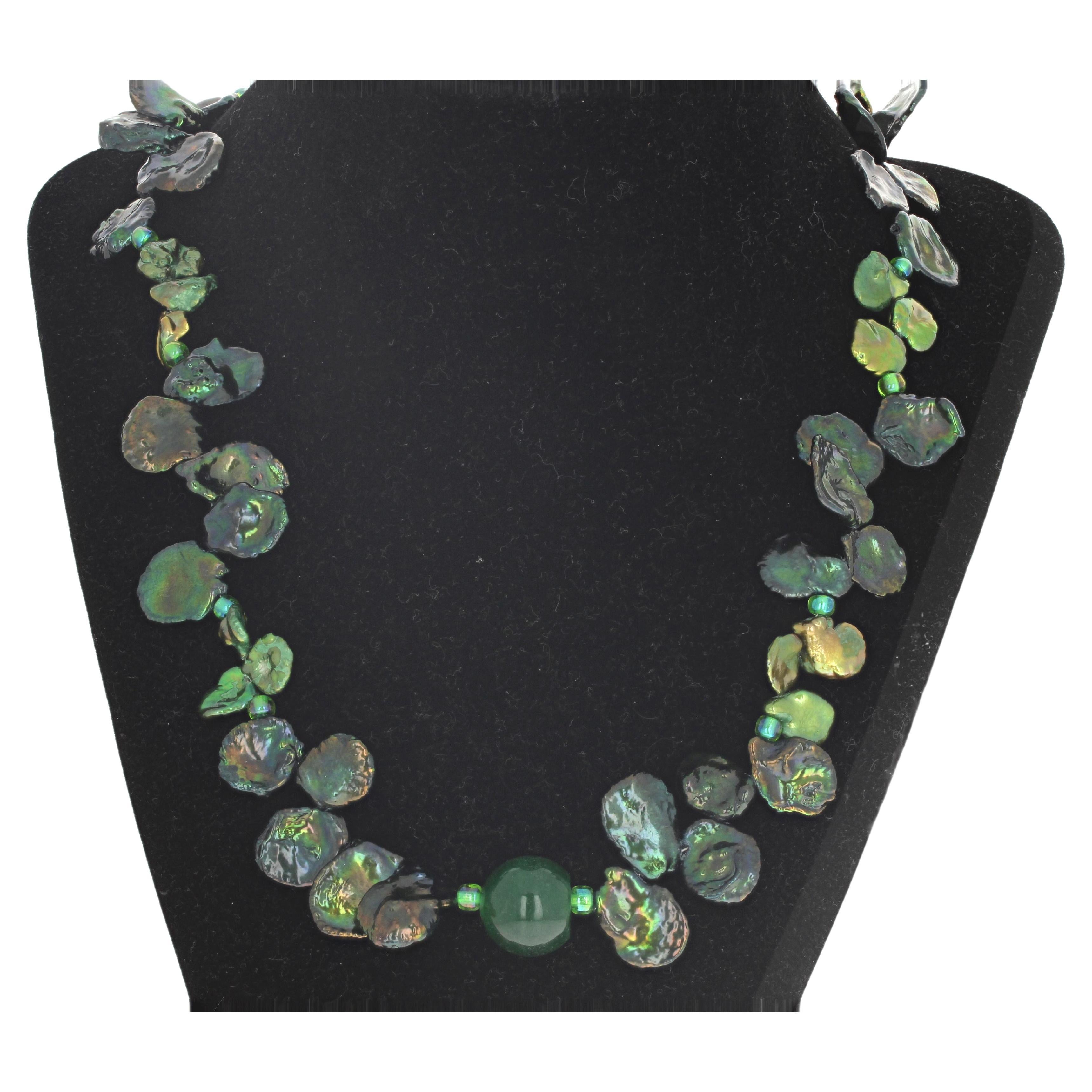 AJD Beautiful Glistening Peacock Green Keshi Pearl & Jade 19 1/2" Necklace For Sale