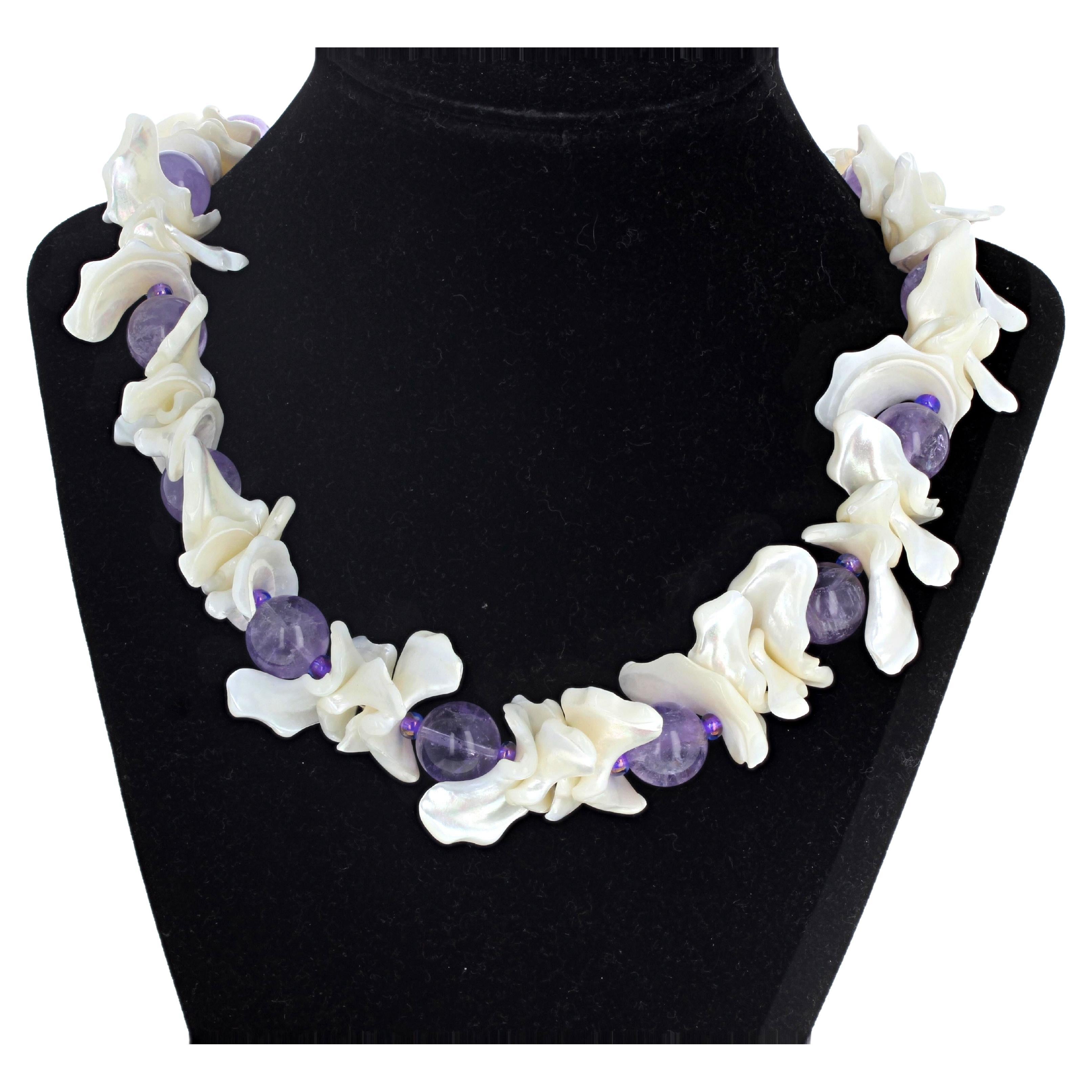 AJD Beautiful Natural Amethysts & Real Pearl Shell Necklace For Sale