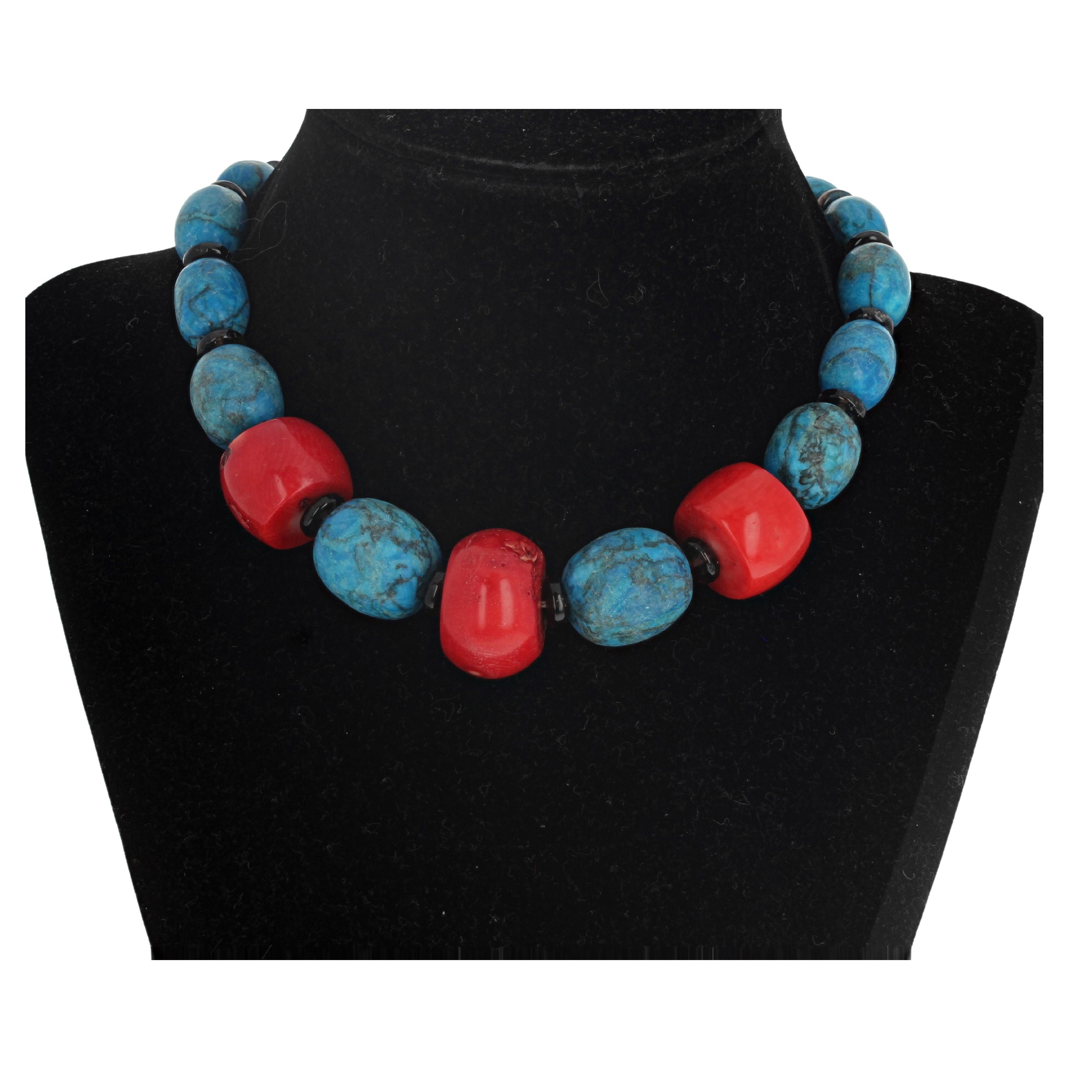 AJD Beautiful Natural Coral & Very Blue Turquoise 15" Necklace