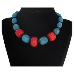 AJD Beautiful Natural Coral & Very Blue Turquoise Choker Necklace