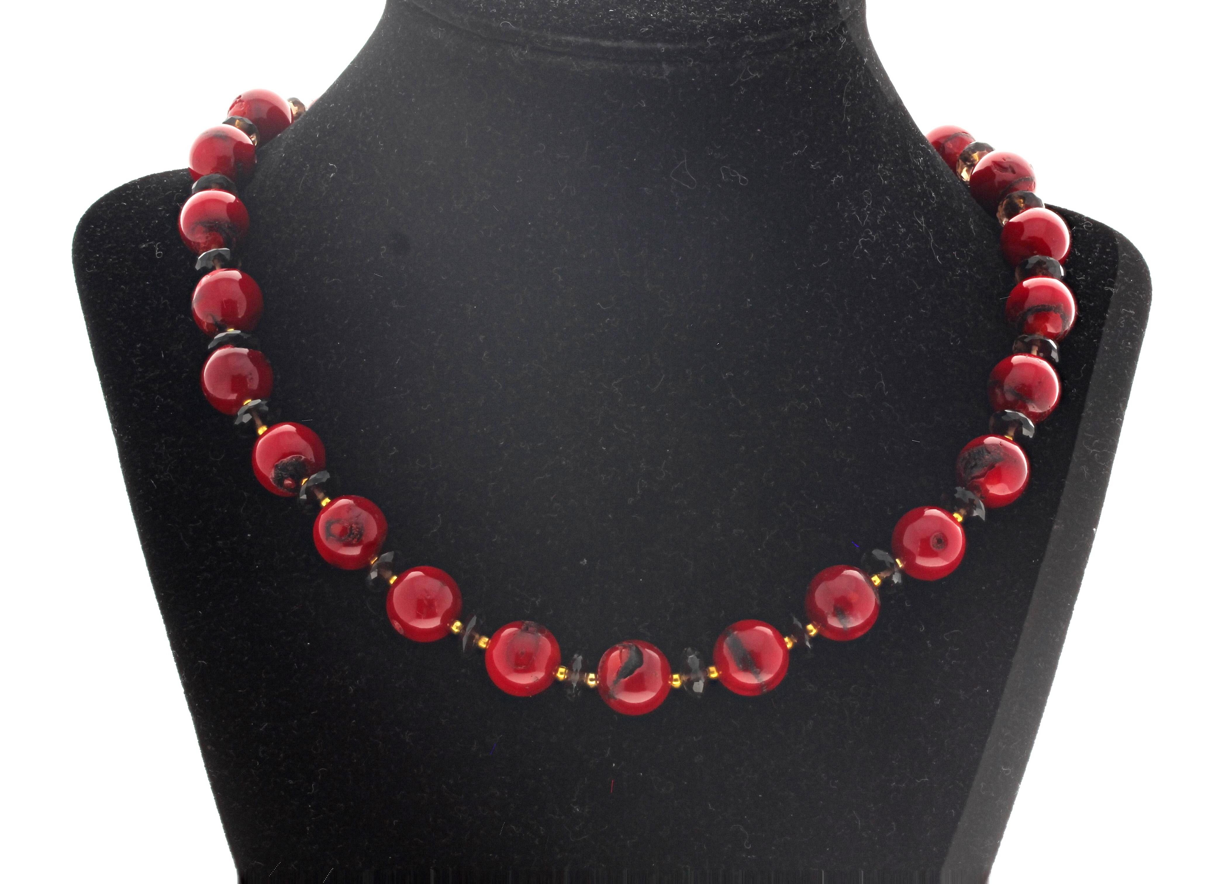 These beautiful little round natural red Coral are enhanced with sparkling gem cut natural real Smoky Quartz and little gold plated rondels.  The Coral are approximately 12mm.  The Smoky Quartz are approximately 8mm,  The goldy plated clasp is an