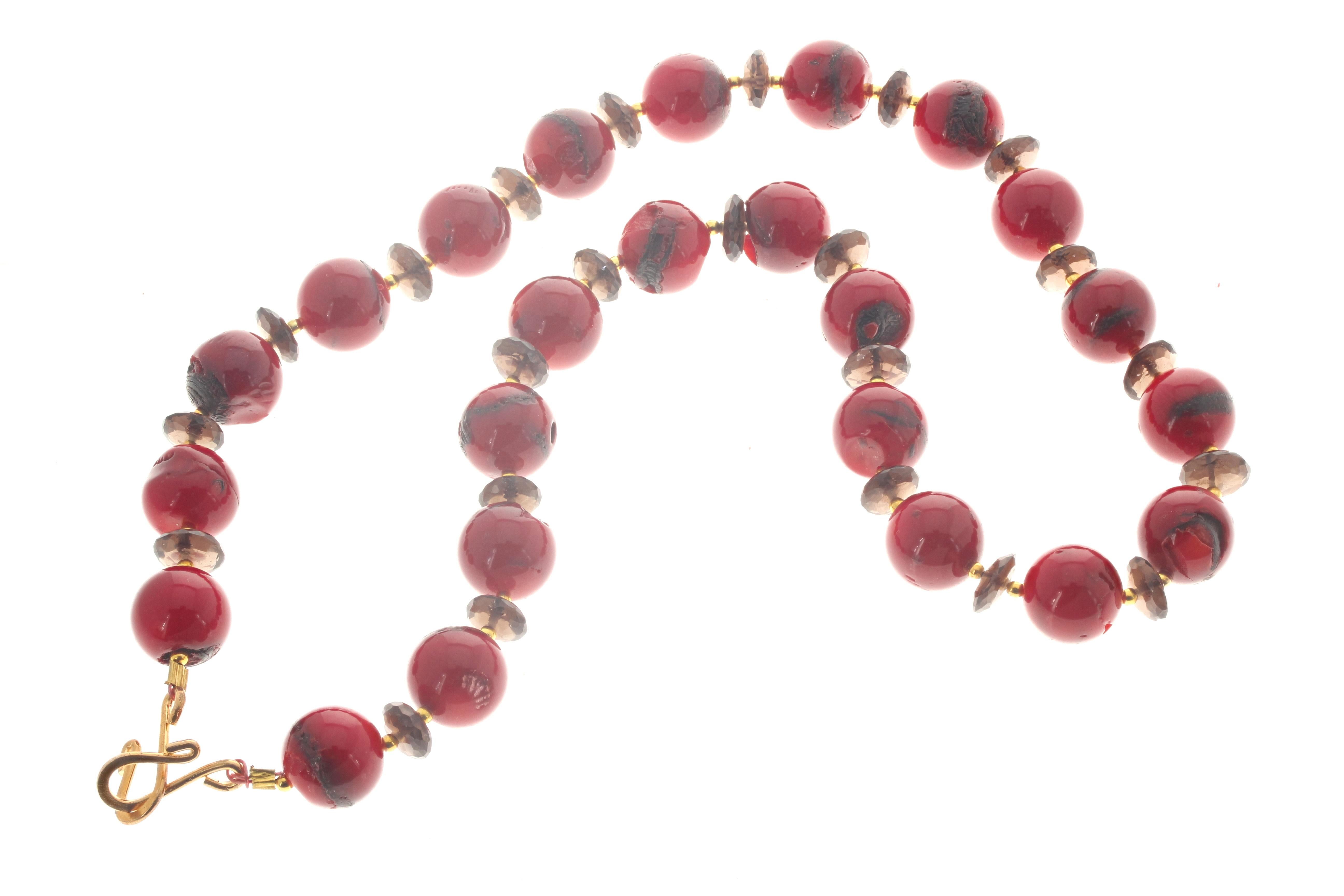 Mixed Cut AJD Beautiful Natural Very Elegant Red Coral & Smoky Quartz Necklace For Sale