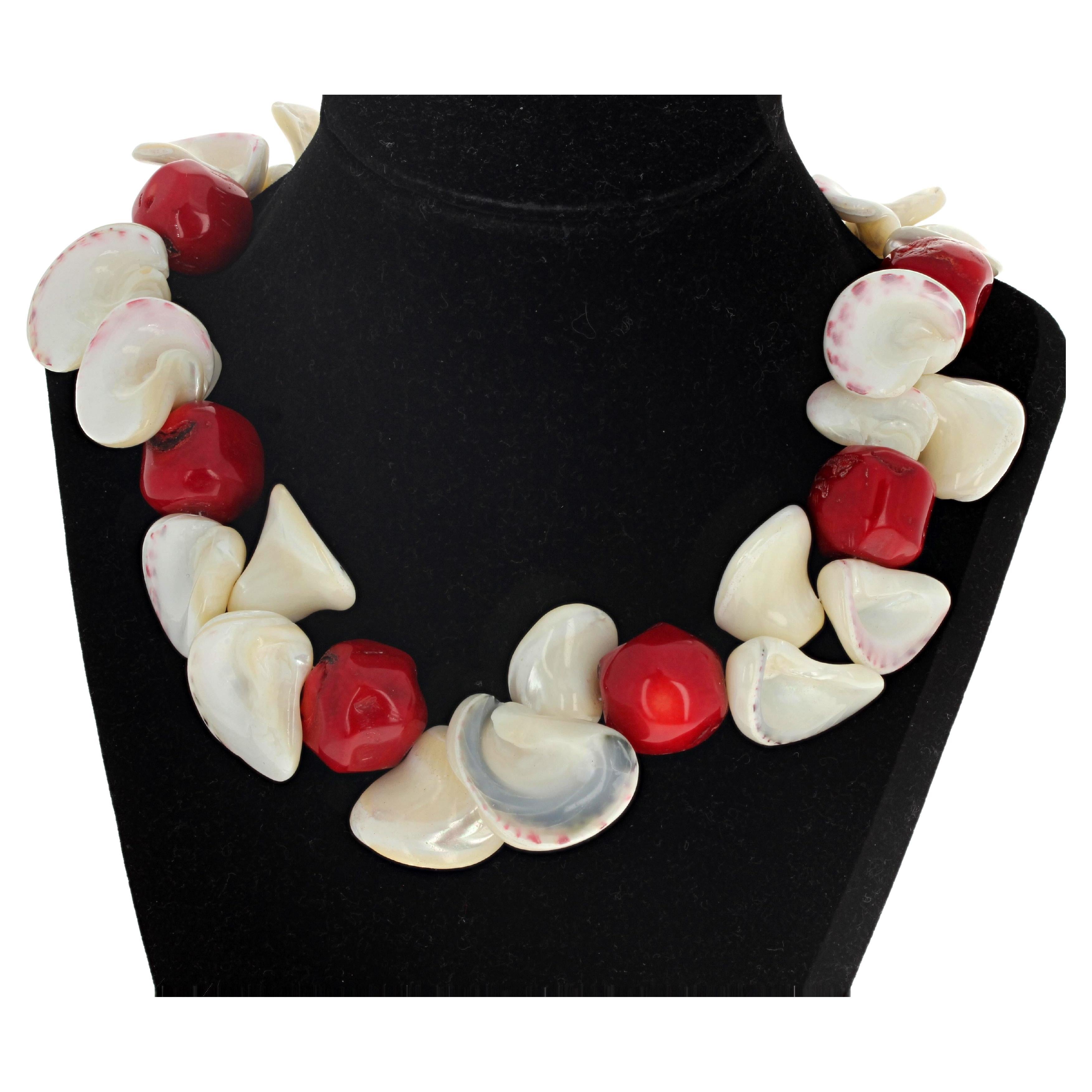 AJD Gorgeous Natural Real Red Coral & Polished Pearl Shells Statement Necklace