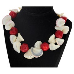 AJD Gorgeous Natural Real Red Coral & Polished Pearl Shells Statement Necklace