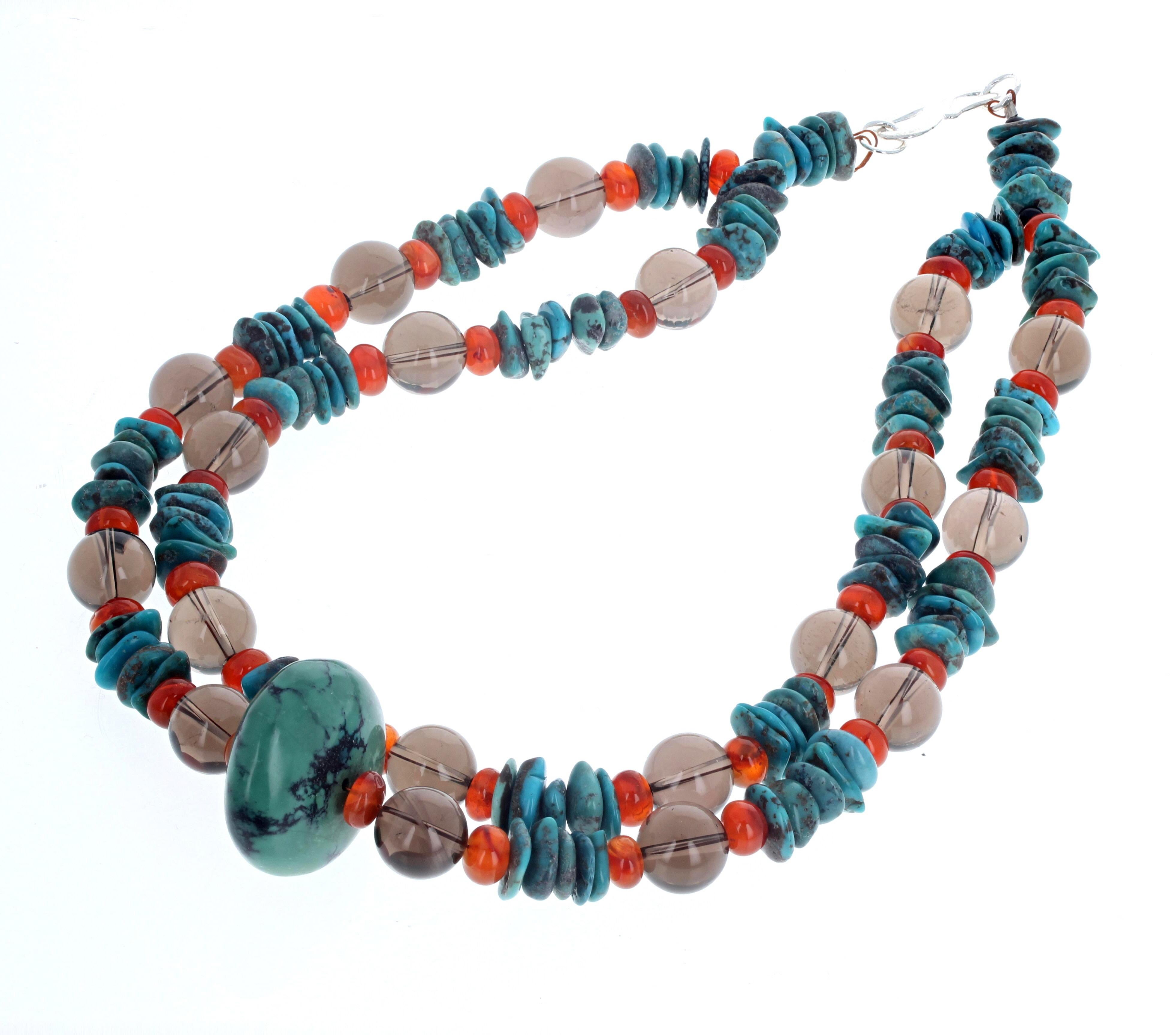 Mixed Cut AJD Beautiful Natural Turquoise, Smoky Quartz & Carnelian 17 Necklace For Sale