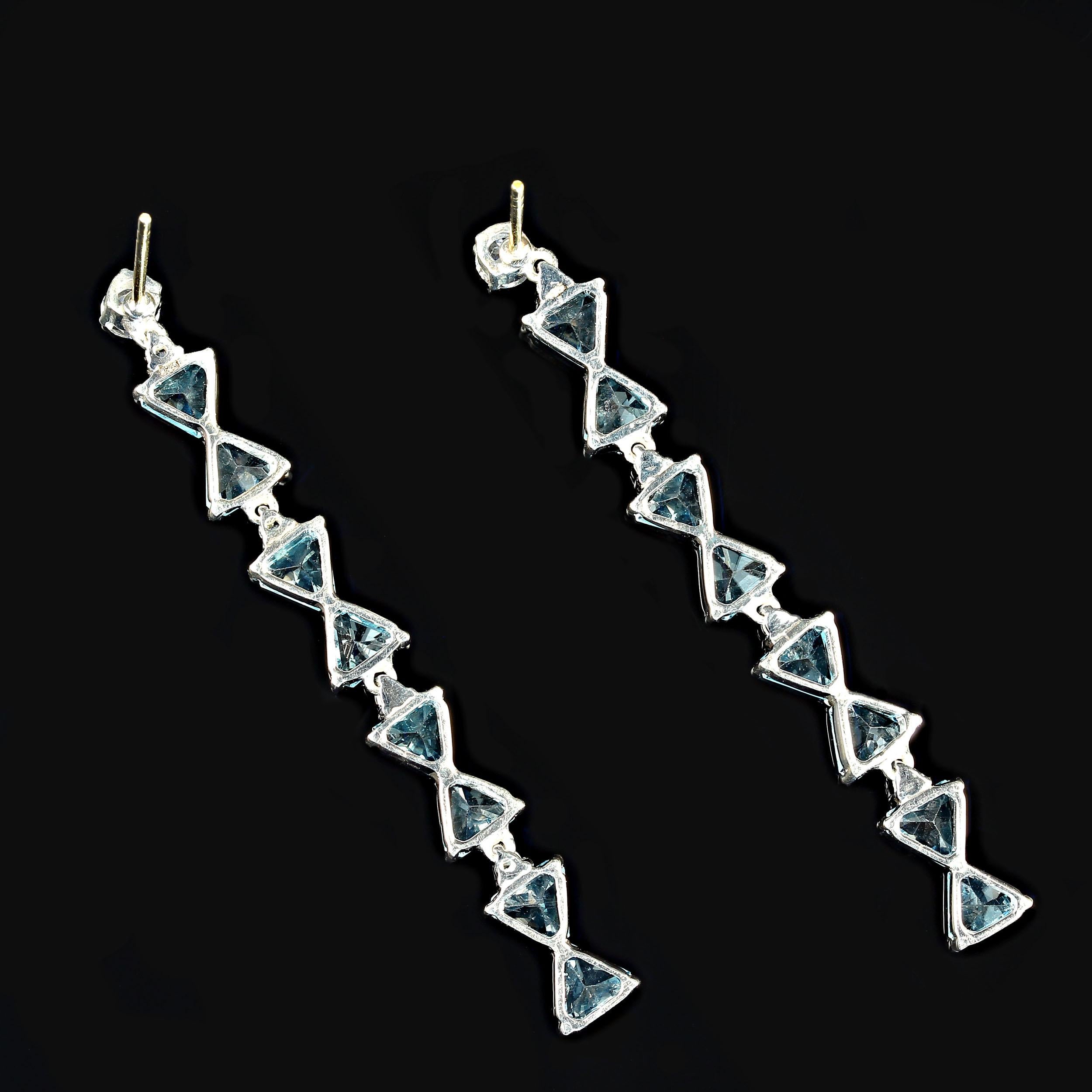 Trillion Cut AJD Bedazzling Blue Topaz Dangle and Sterling Silver Earrings For Sale
