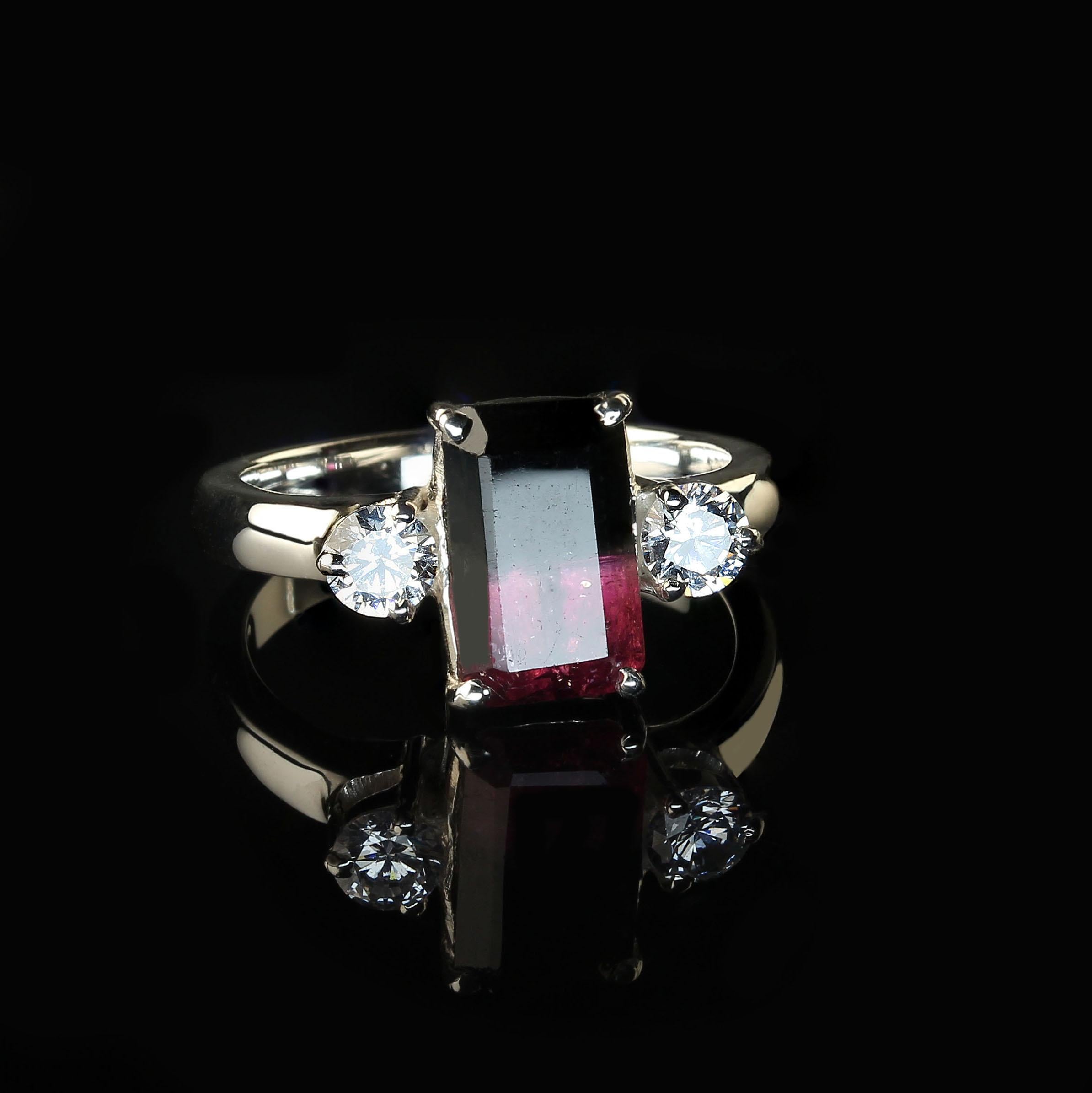 One-of-a-kind Pink/Black Bi-Color Tourmaline accented with sparkling Cambodian Zircons ring.  This fabulous sizable 7 ring will make you happy every time you wear it.  Bi-color Tourmalines are a world unto themselves, no two are the same, enjoy