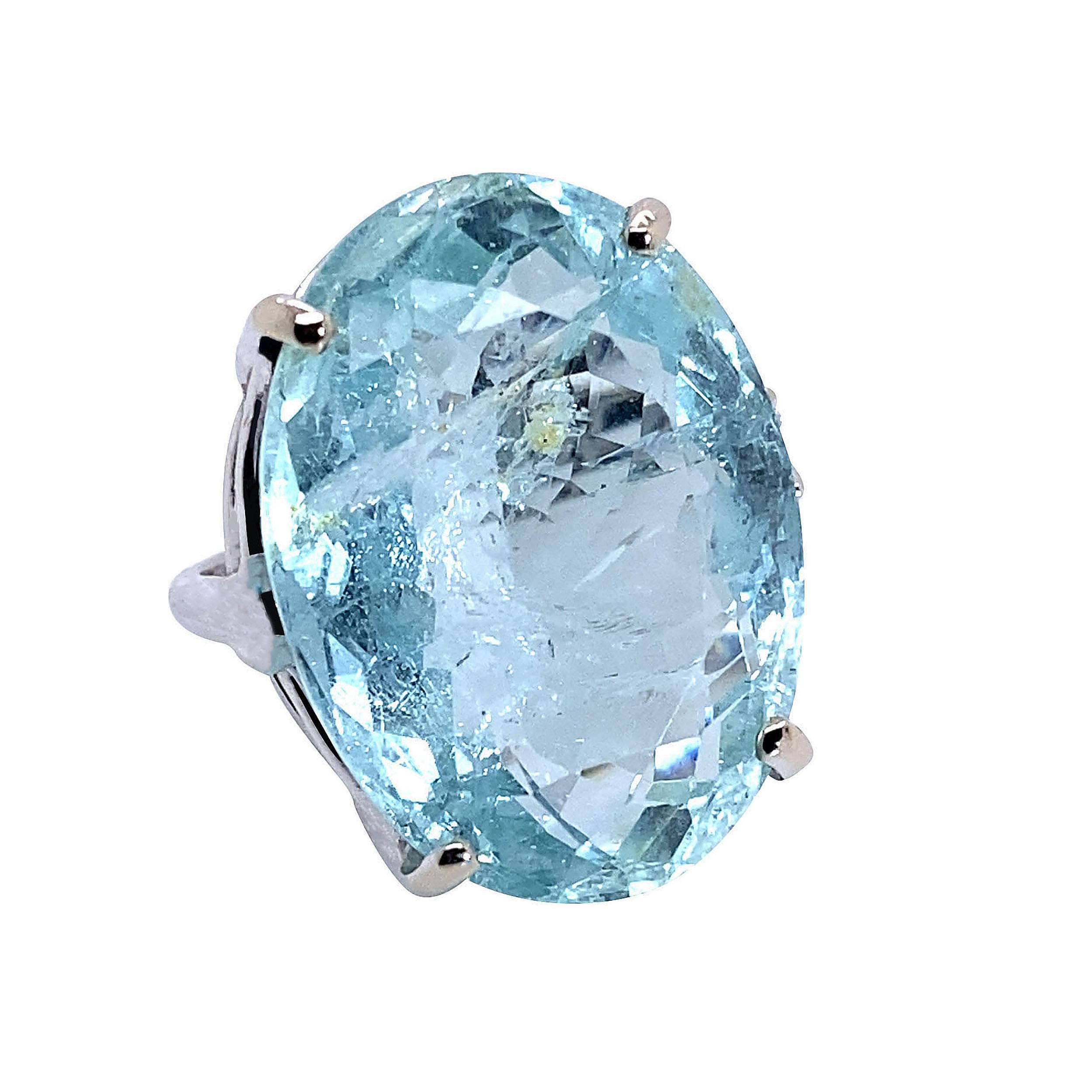 AJD Big Bold Sea Blue Aquamarine oval in 14K White Gold Ring In New Condition In Raleigh, NC