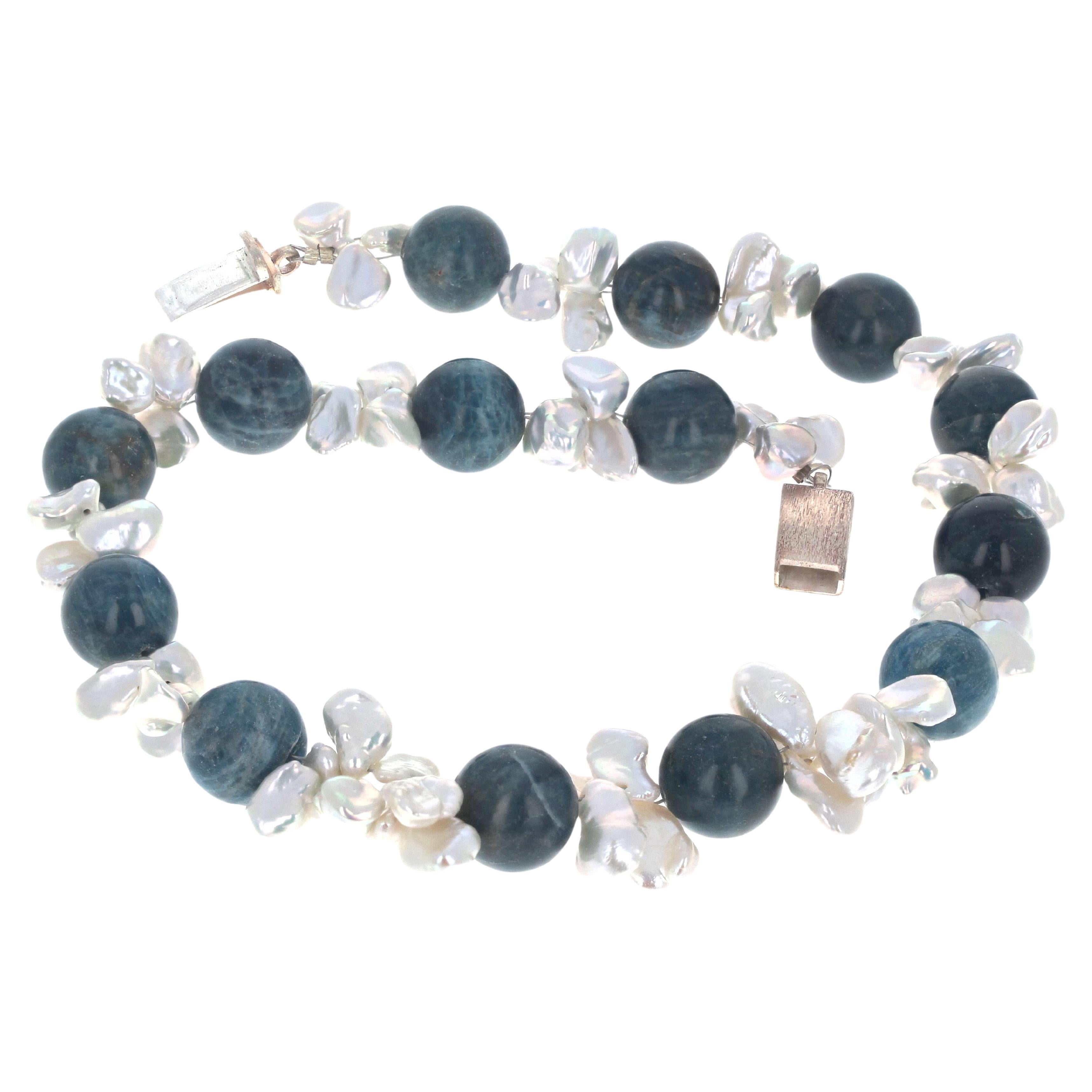 AJD Blue and Green and Bluegreen Real Apatite & White Pearl Shells 16" Necklace
