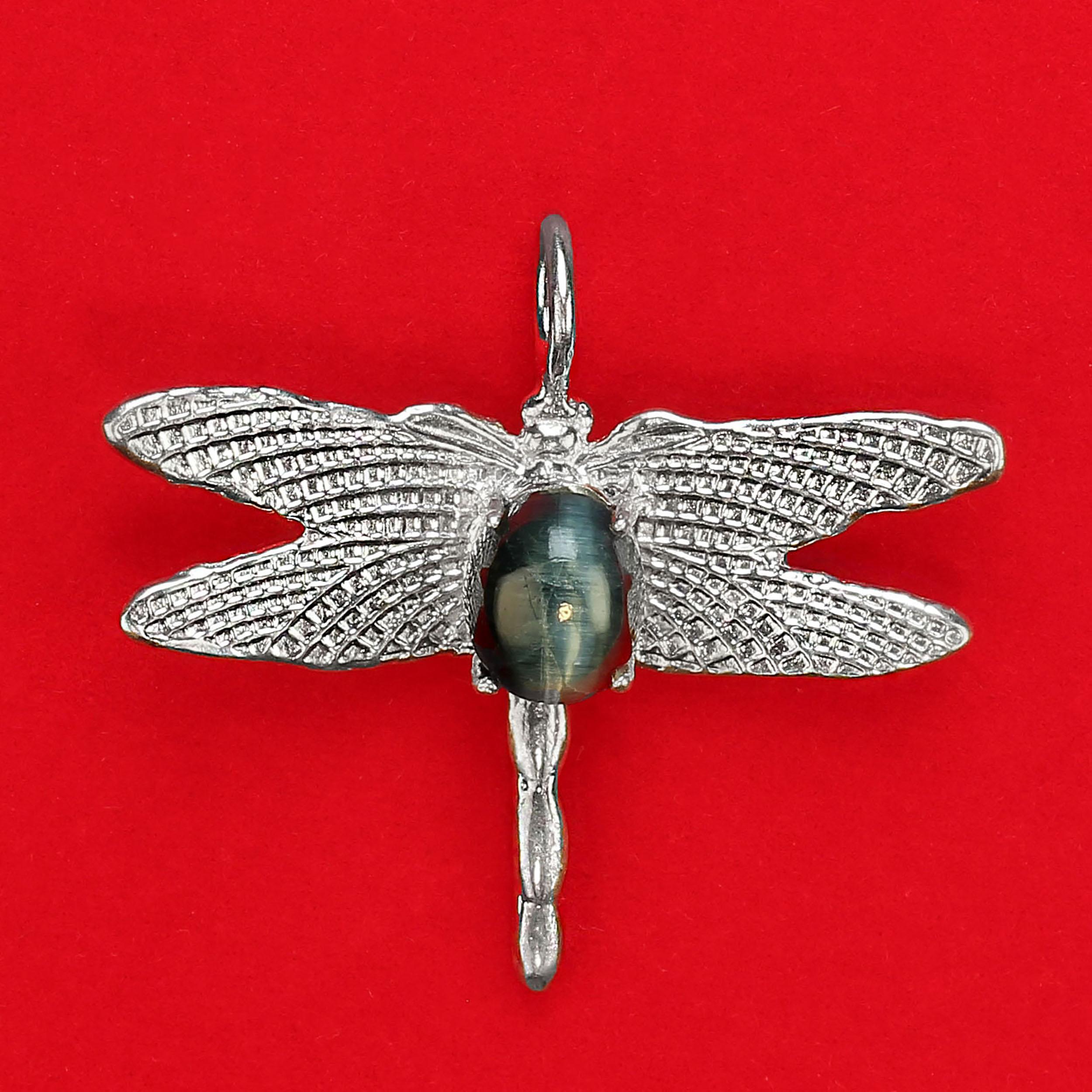 da uomo o donna Ciondolo a forma di libellula in argento sterling con tormalina blu occhio di gatto AJD in vendita