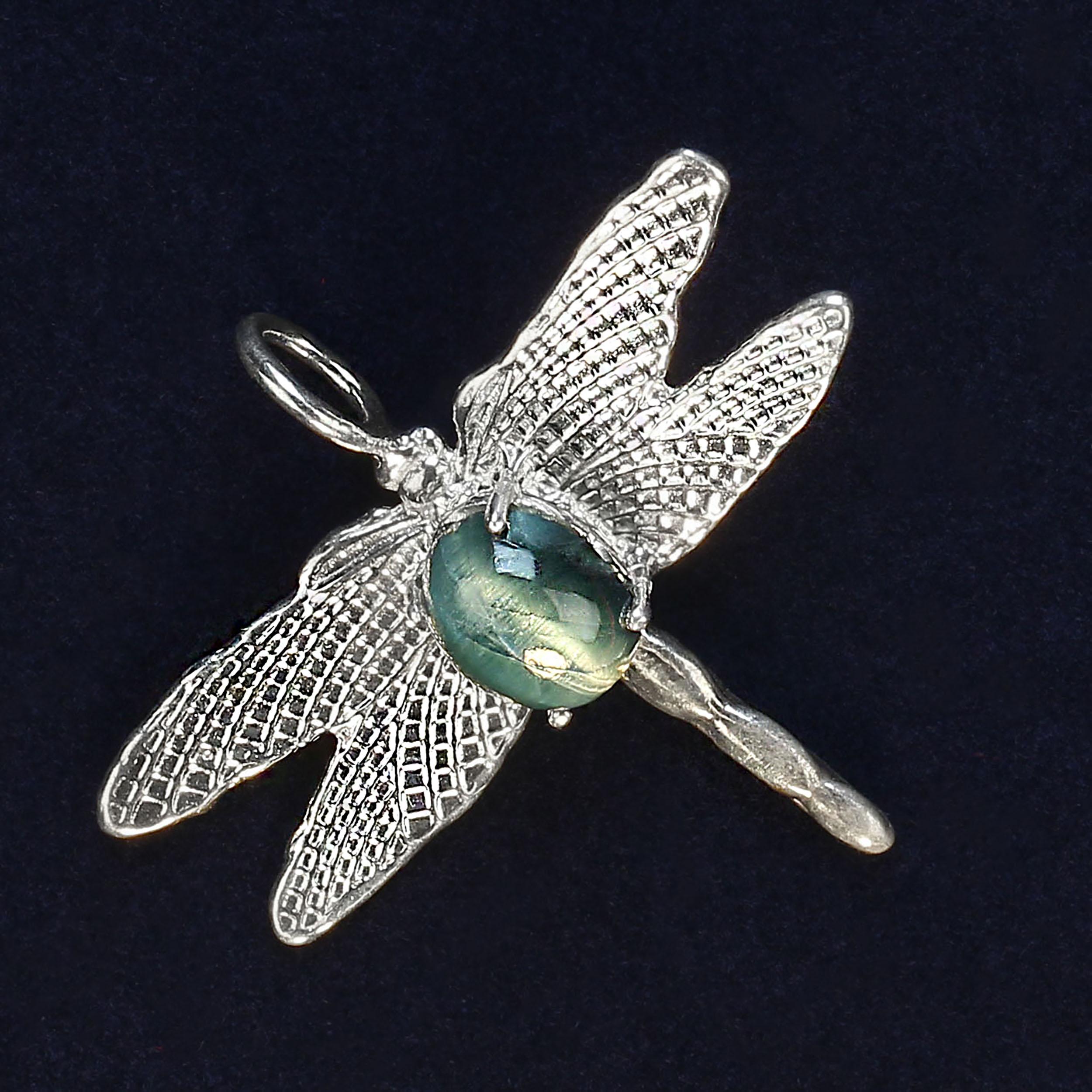 Ciondolo a forma di libellula in argento sterling con tormalina blu occhio di gatto AJD in vendita 1