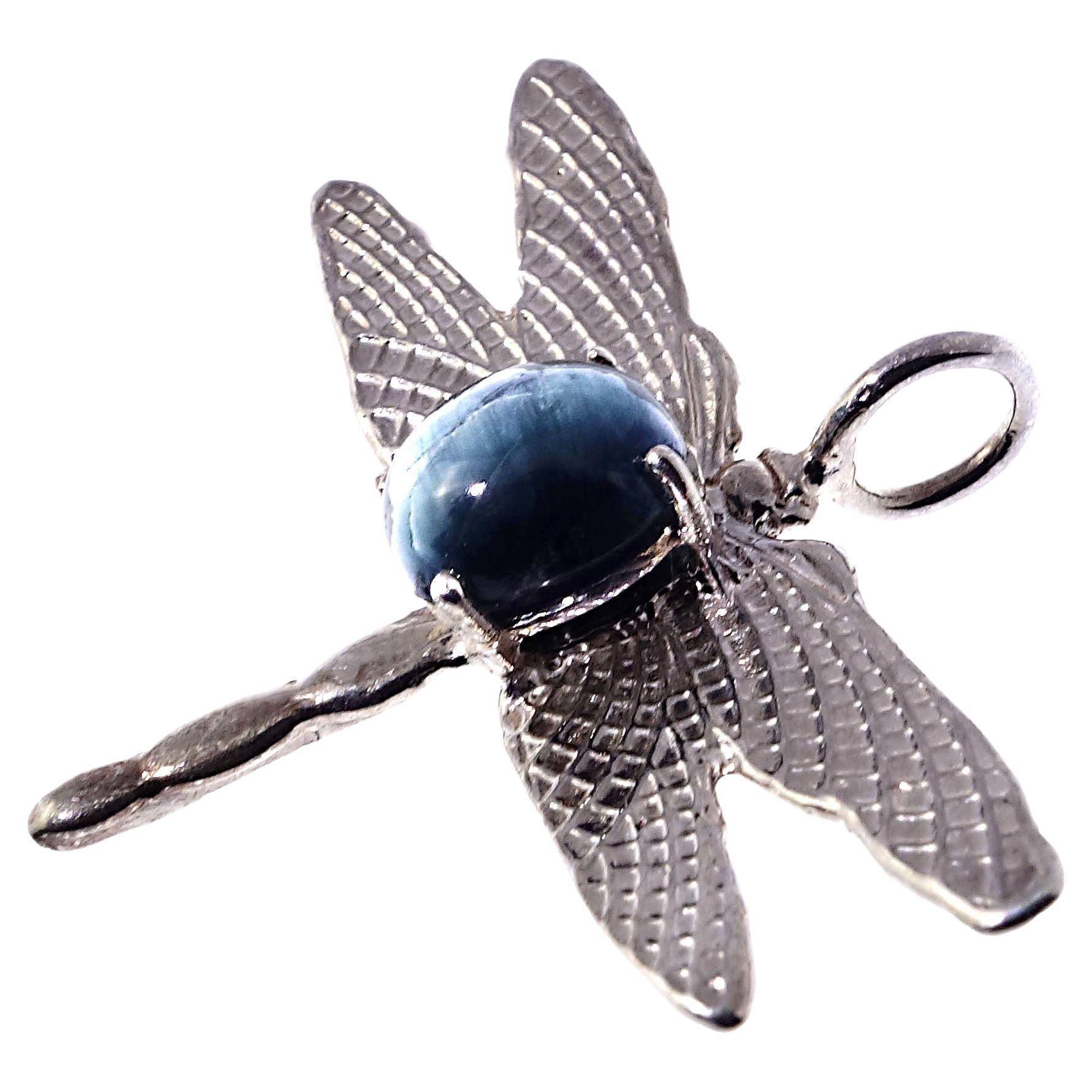 AJD Blue Cat's Eye Tourmaline Set in Sterling Silver Dragonfly Pendant For Sale