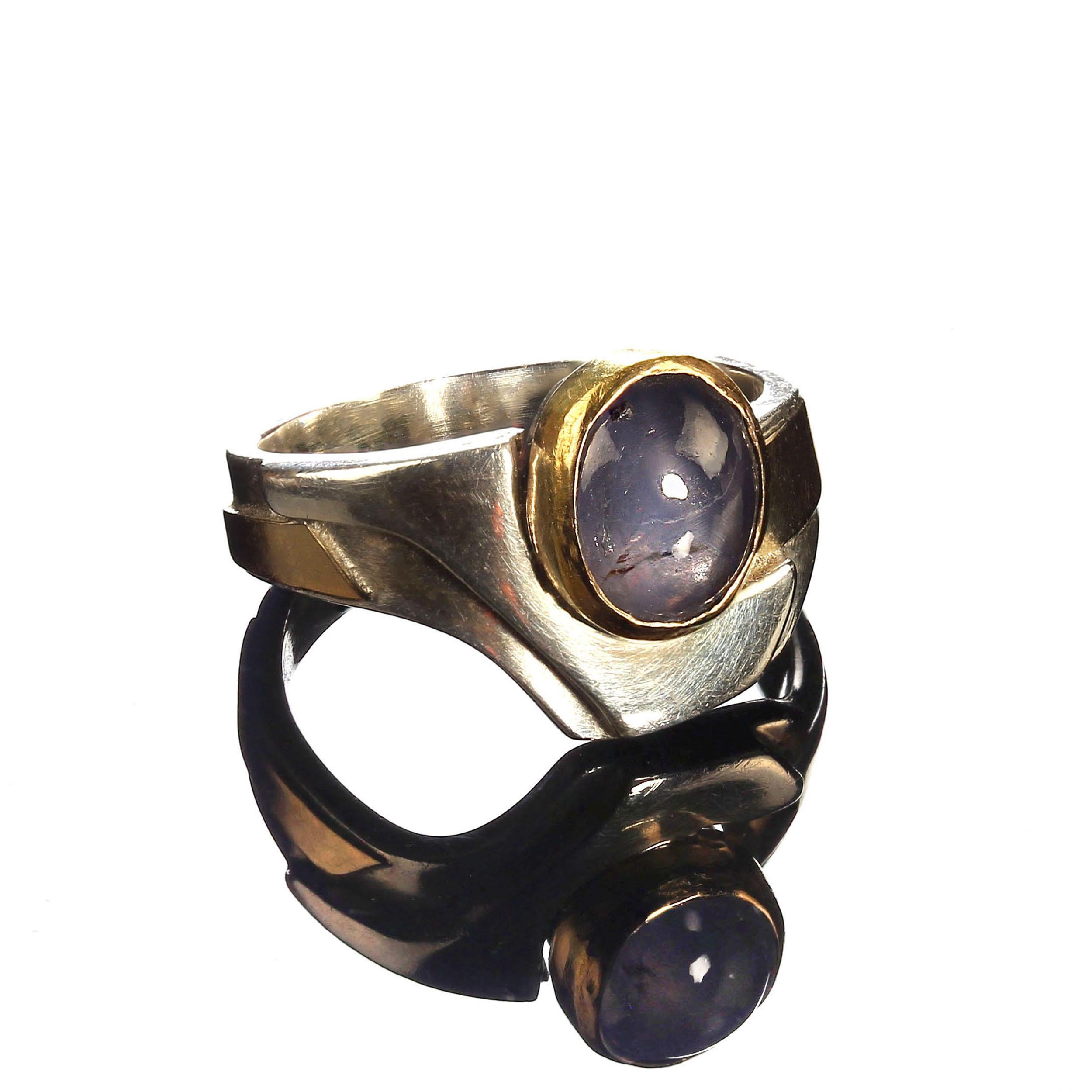 Artisan AJD Blue Star Sapphire Sterling and 18K Gold Handmade Ring
