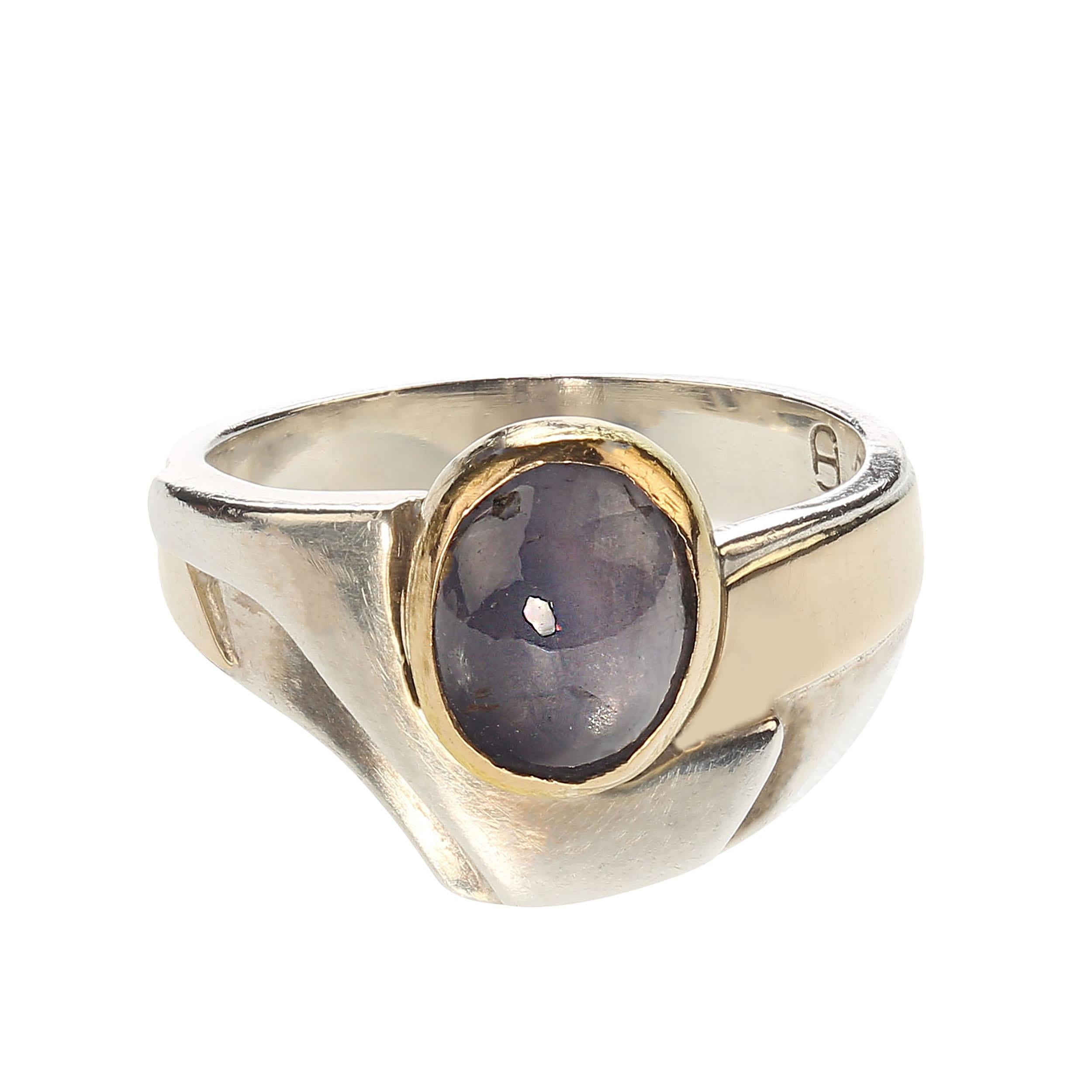Cabochon AJD Blue Star Sapphire Sterling and 18K Gold Handmade Ring