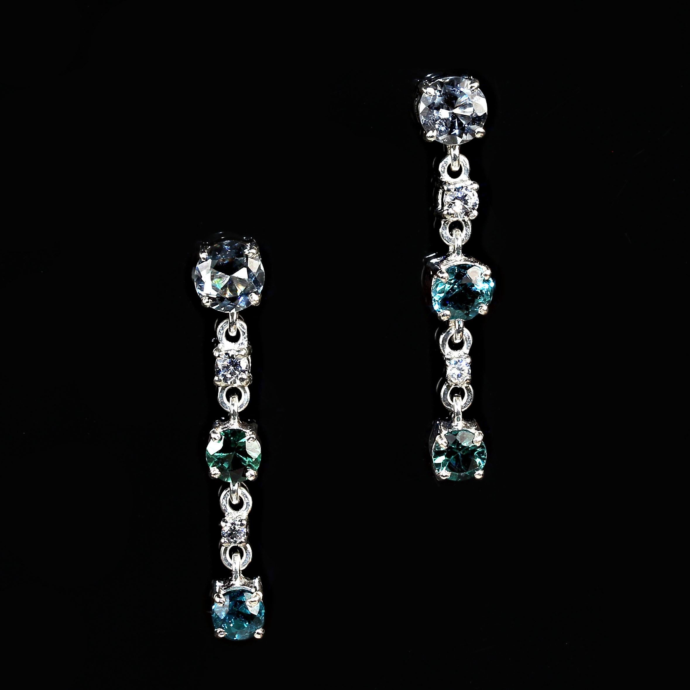 Round Cut AJD Blue Tourmaline and Sterling Silver Drop Earrings For Sale