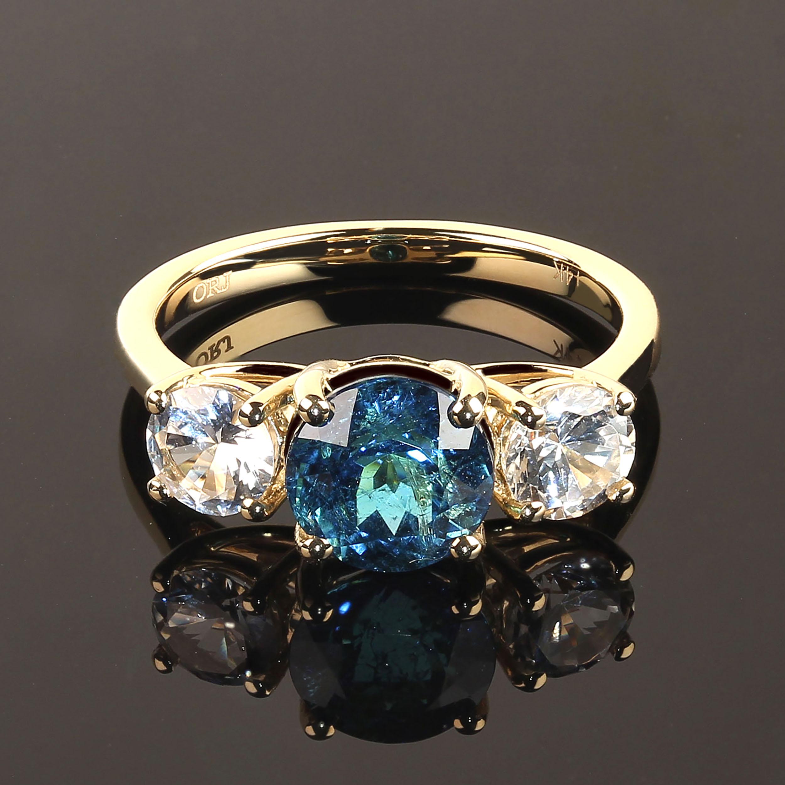 AJD Blue Tourmaline and White Cambodian Zircon Cocktail Ring In New Condition For Sale In Raleigh, NC