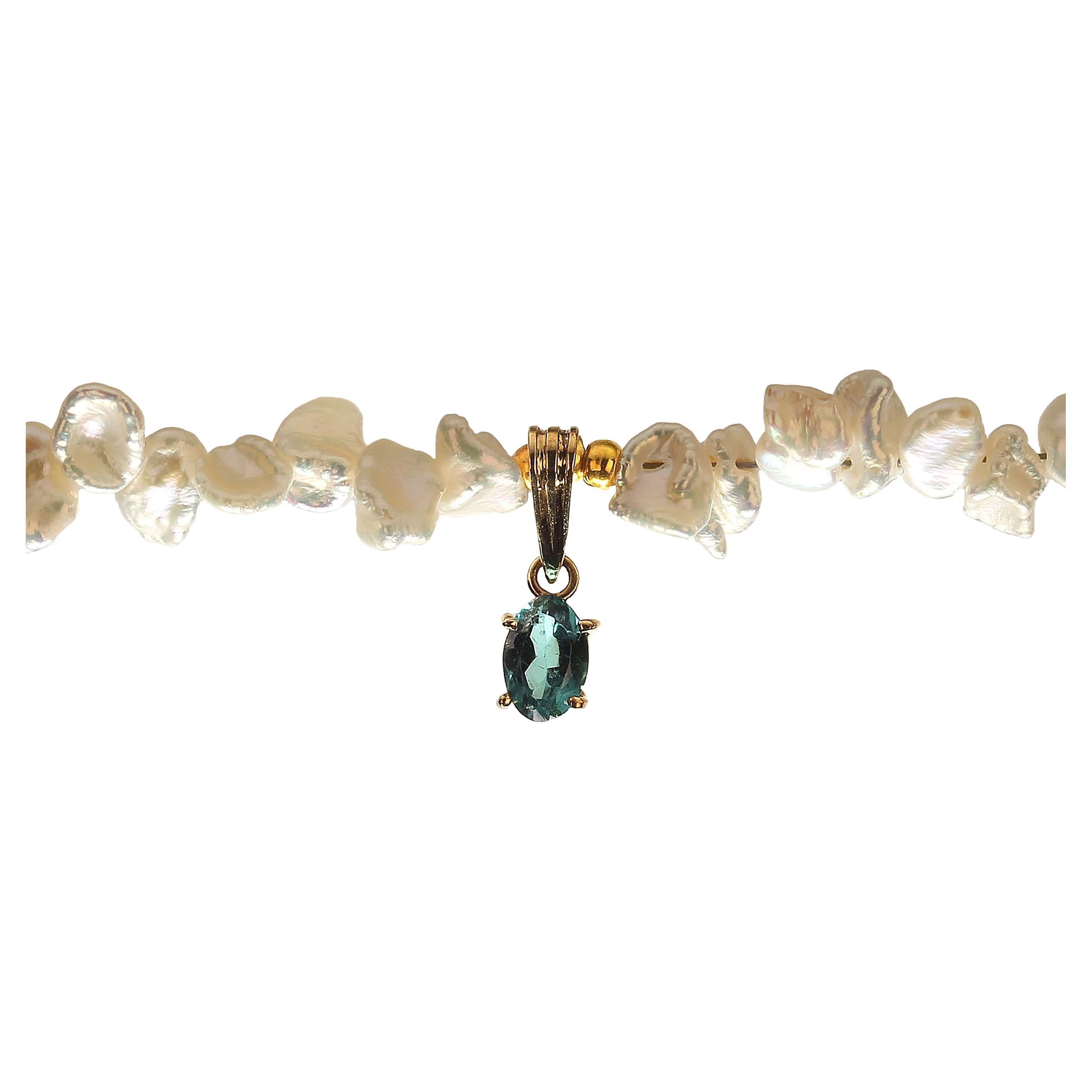 AJD Blue Tourmaline Set on Pearl Necklace