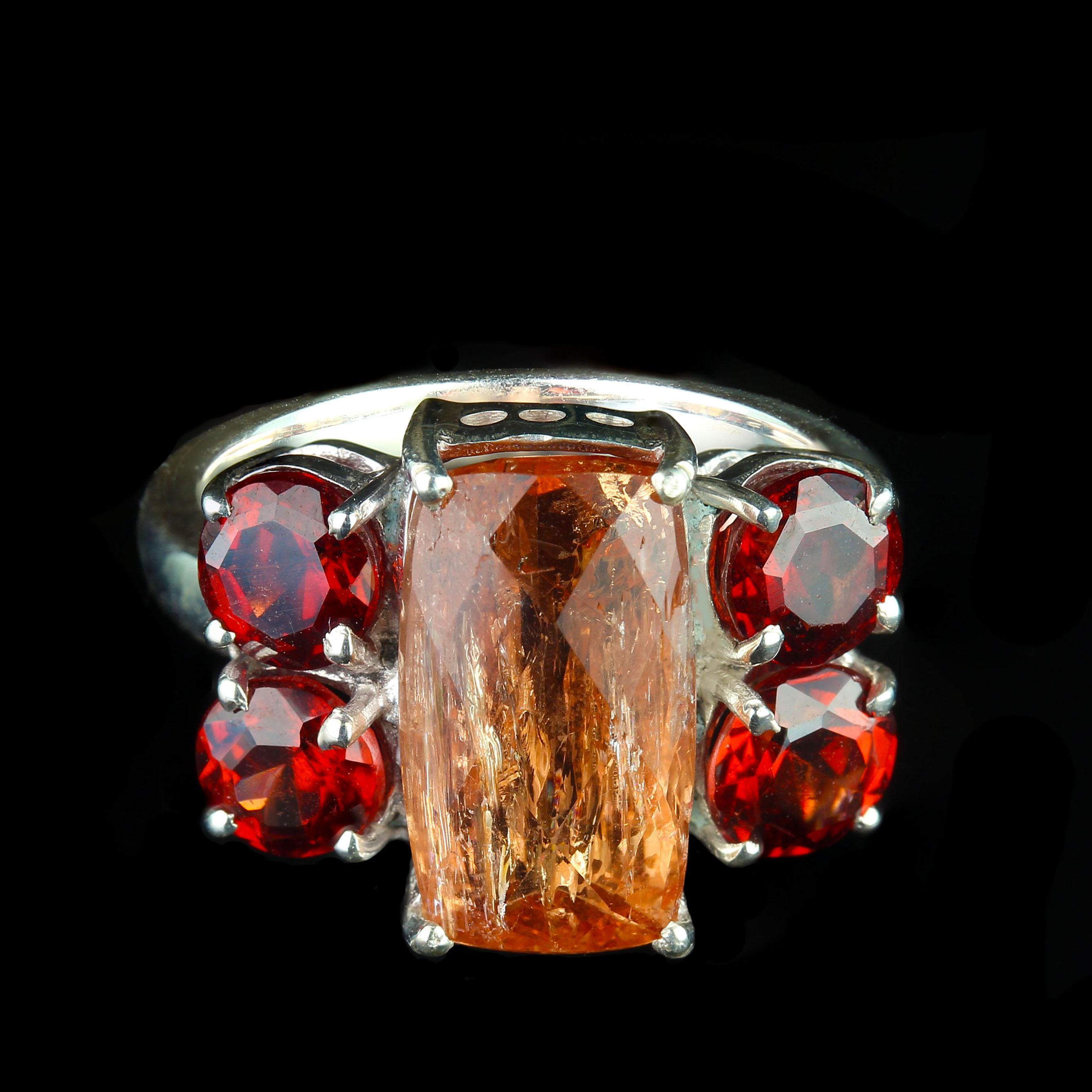 Antique Cushion Cut AJD Bold Dinner Ring of Imperial Topaz and Red Garnets Sterling Silver For Sale