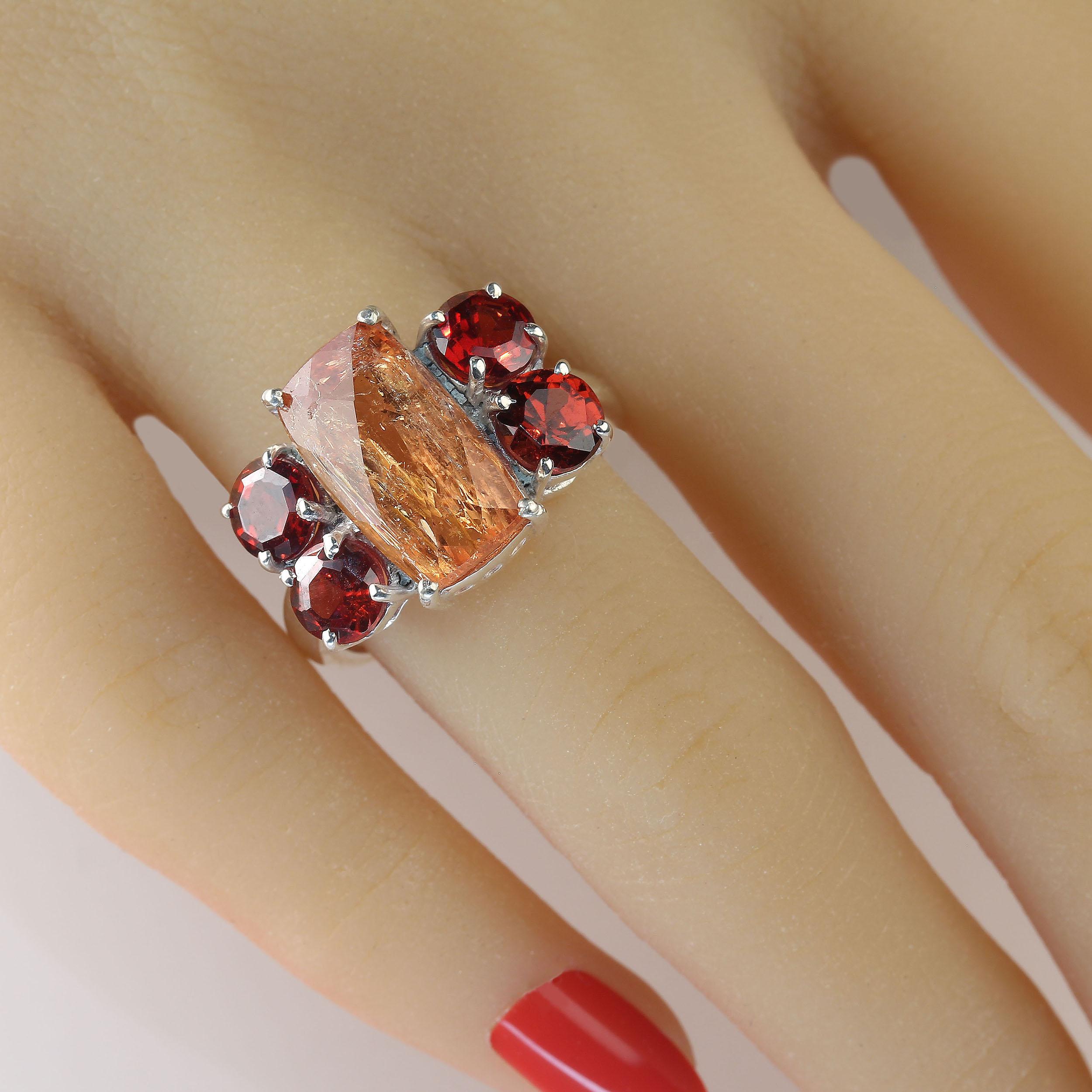 AJD Bold Dinner Ring of Imperial Topaz and Red Garnets Sterling Silver In New Condition For Sale In Raleigh, NC