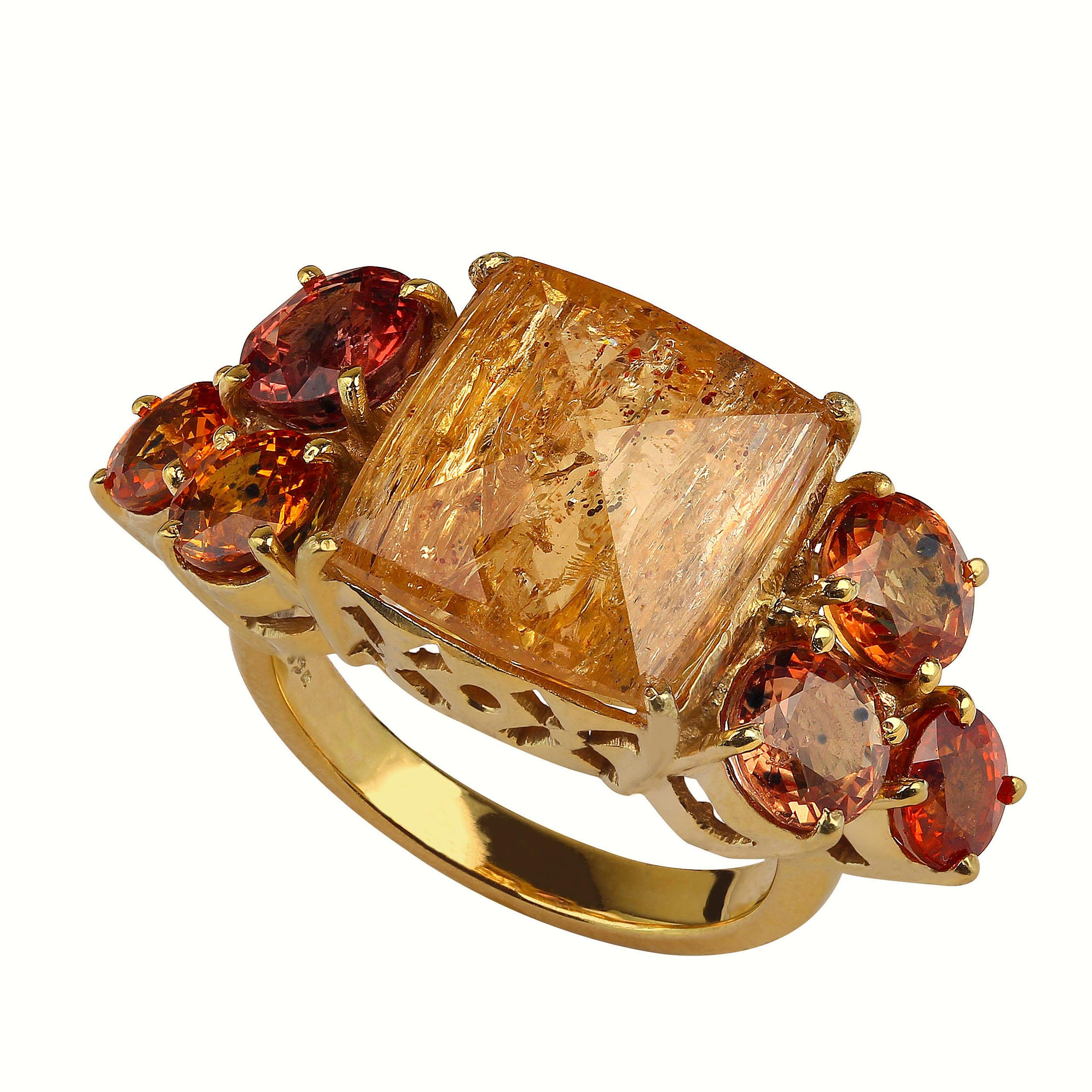 AJD Bold Dinner Ring of Imperial Topaz and Songea Sapphires In New Condition For Sale In Raleigh, NC