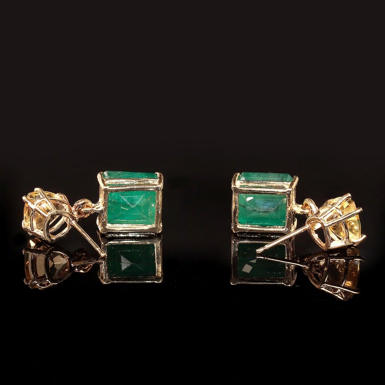 Artisan AJD Bold Emerald and Golden Beryl Dangle Earrings in 14K Yellow Gold For Sale
