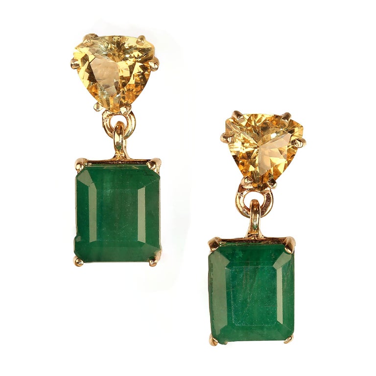 AJD Bold Emerald and Golden Beryl Dangle Earrings in 14K Yellow Gold In New Condition For Sale In Raleigh, NC