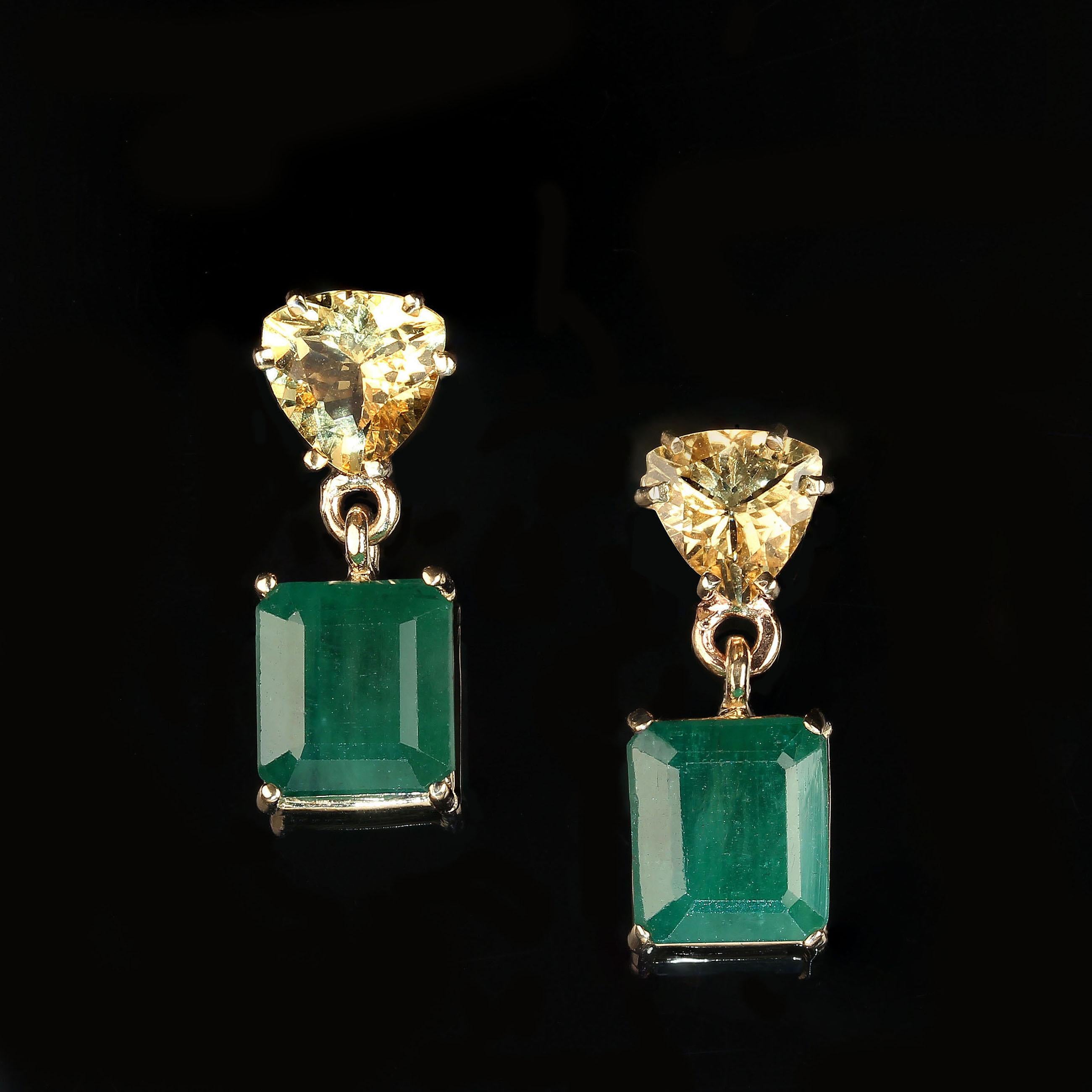 Artisan AJD Bold Emerald and Golden Beryl Dangle Earrings in 14K Yellow Gold For Sale