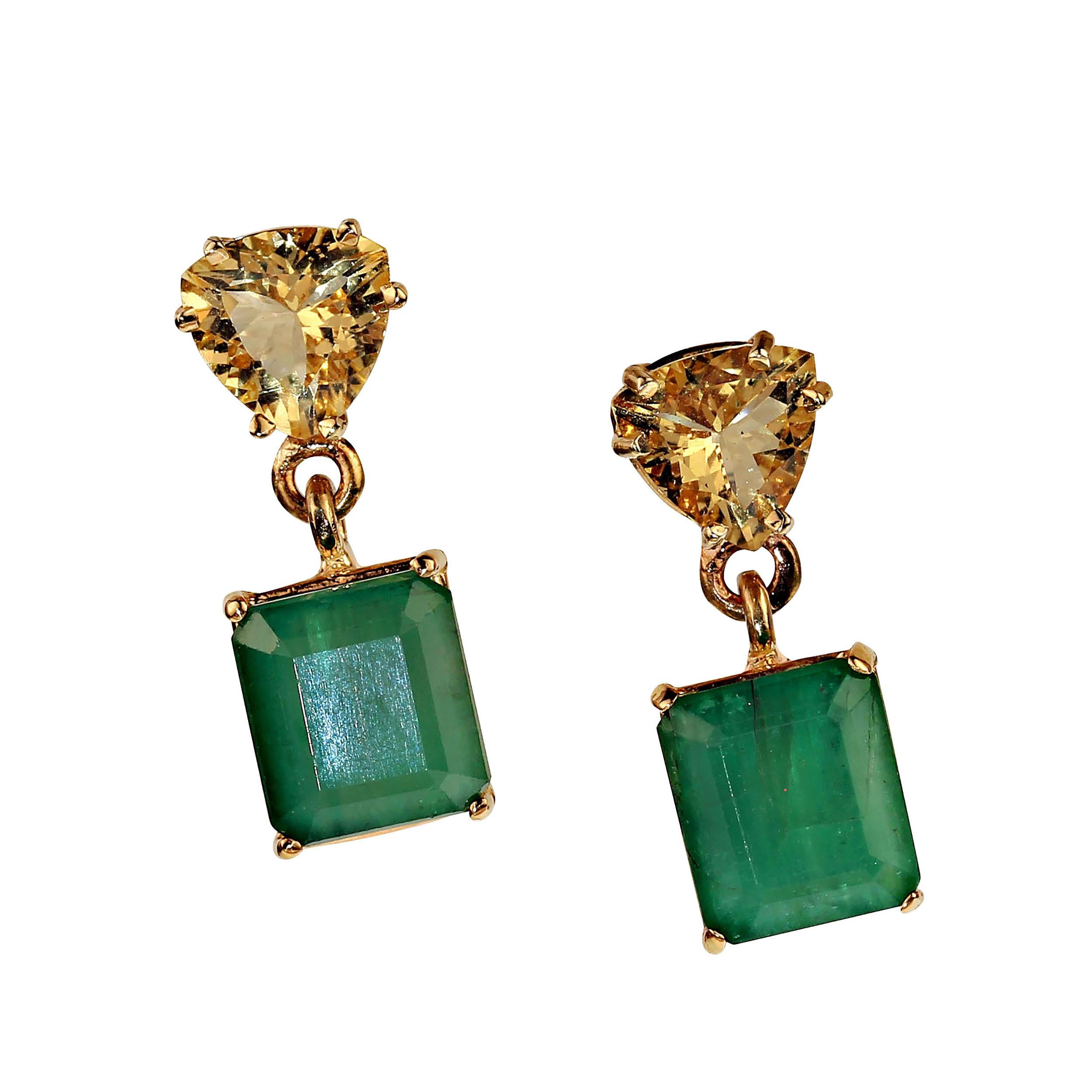 Emerald Cut AJD Bold Emerald and Golden Beryl Dangle Earrings in 14K Yellow Gold For Sale