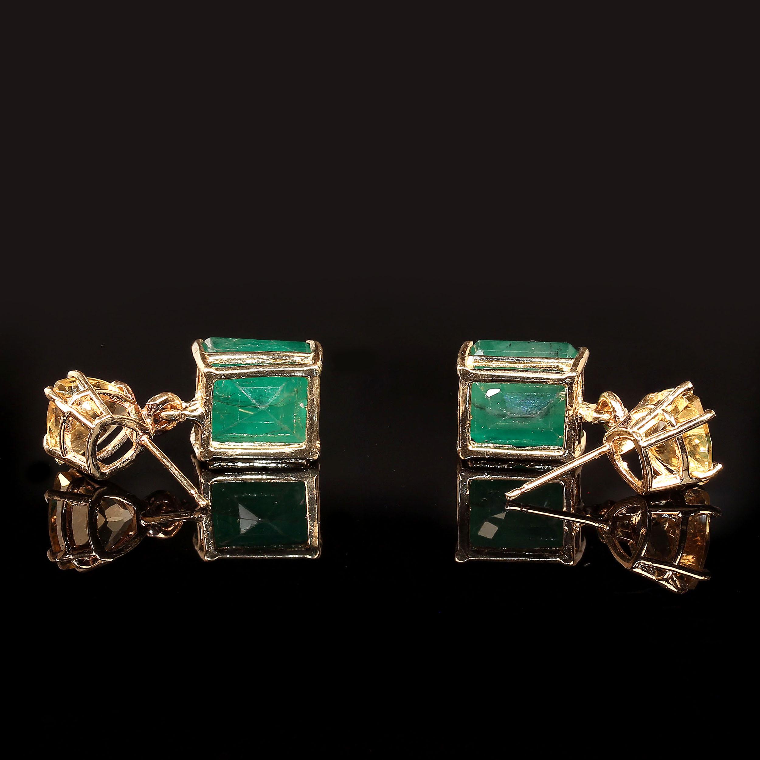 AJD Bold Emerald and Golden Beryl Dangle Earrings in 14K Yellow Gold In New Condition For Sale In Raleigh, NC