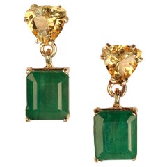 AJD Bold Emerald and Golden Beryl Dangle Earrings in 14K Yellow Gold