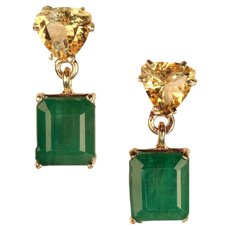 AJD Bold Emerald and Golden Beryl Dangle Earrings in 14K Yellow Gold For Sale