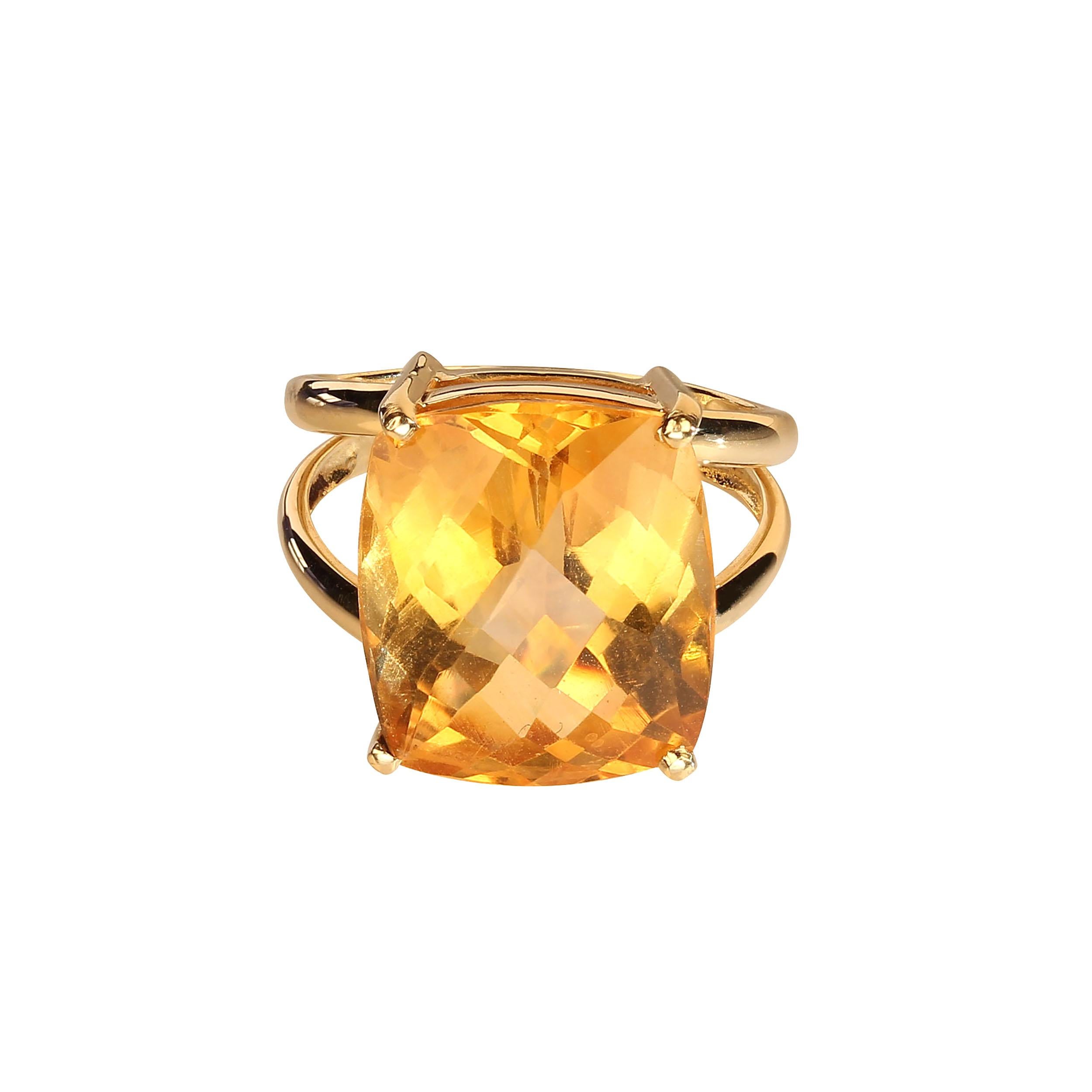 Bespoke 18K yellow gold ring with 10.61carat Citrine. This antique cut checkerboard table Citrine is a brilliant sun kissed gold. Set in the rich 18K yellow gold handmade setting this Citrine is the perfect November birthstone. This Citrine as well