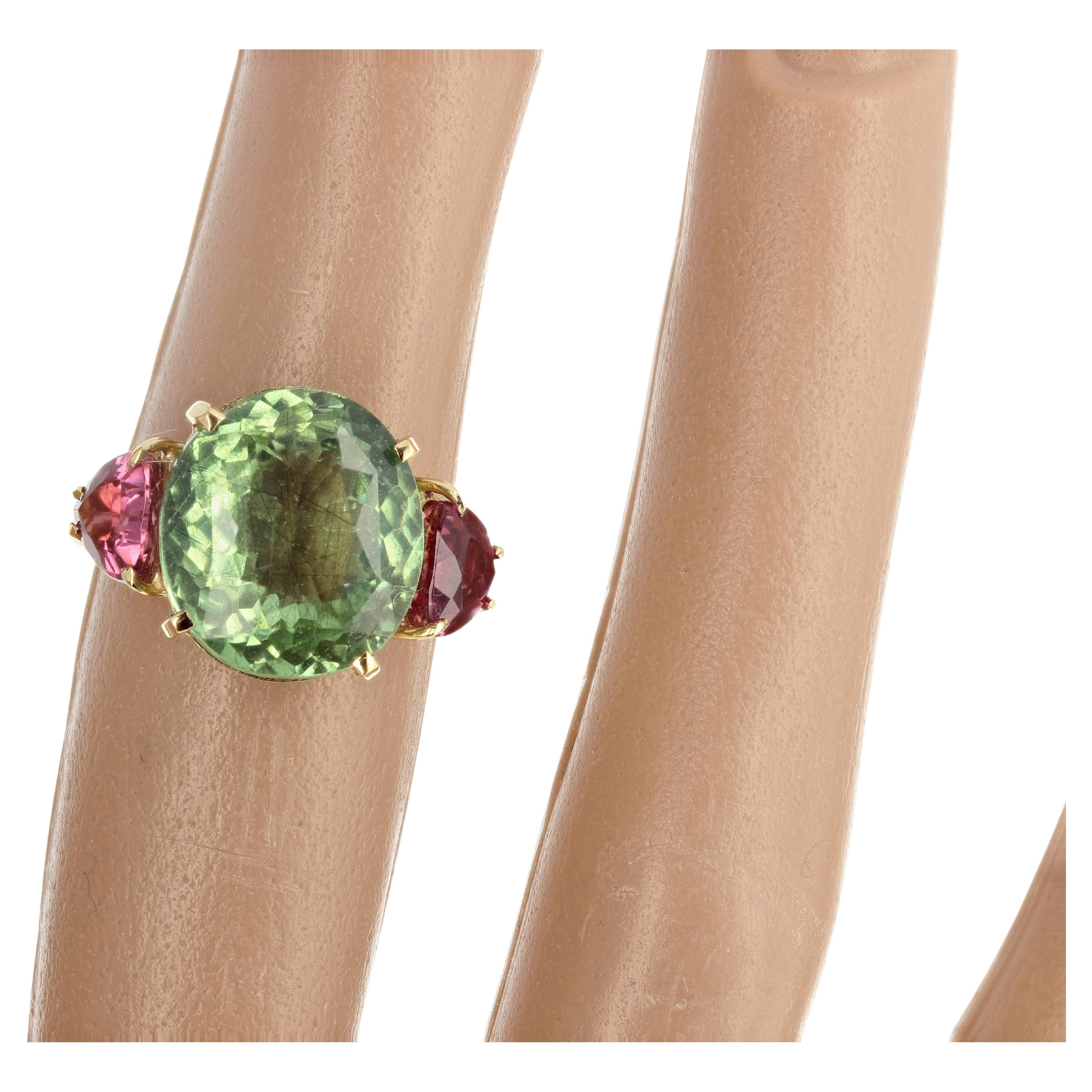 AJD Anillo de cóctel brasileño de 6 ct de turmalina verde y turmalina rosa de oro de 18 kt