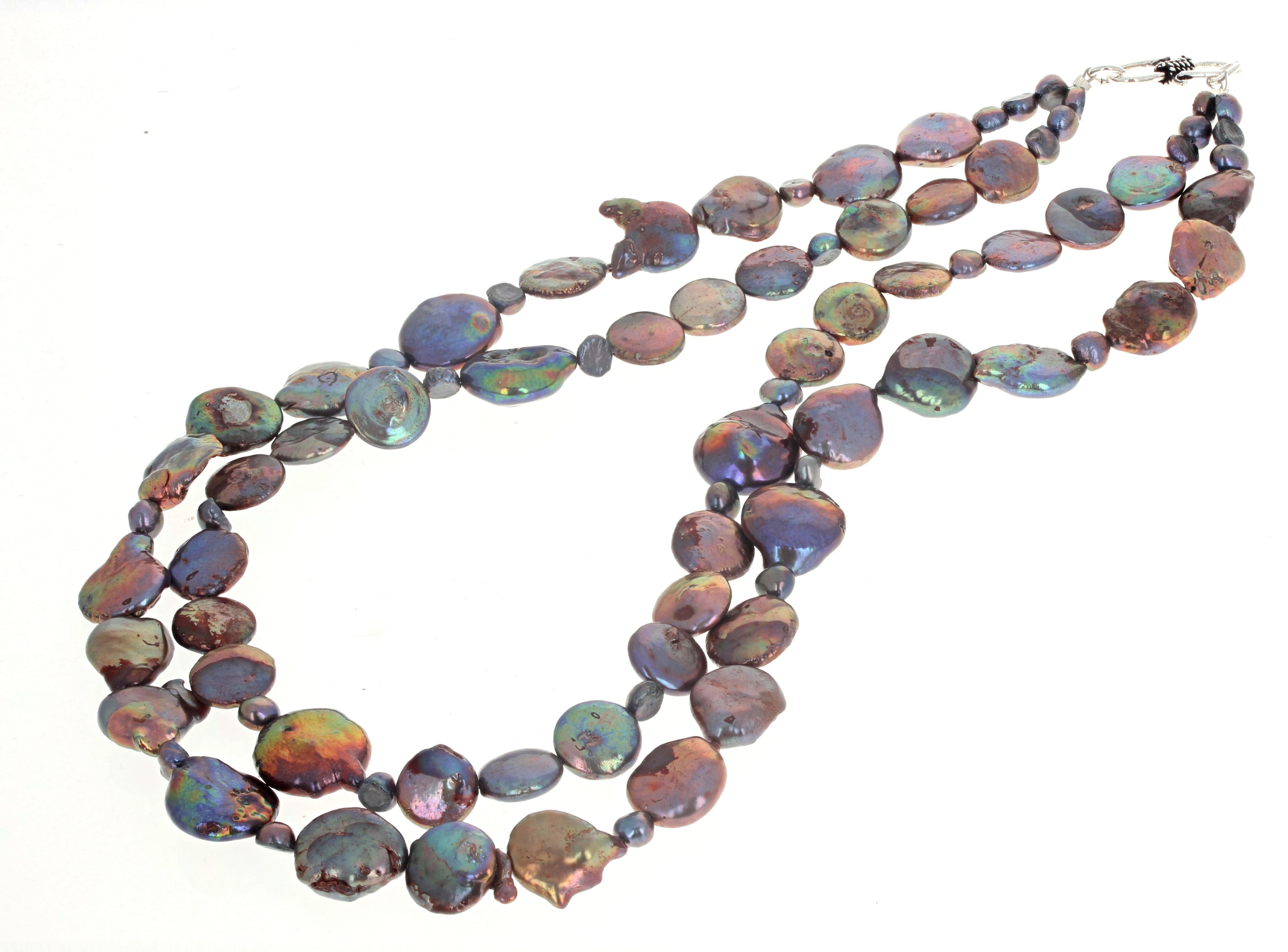AJD - Collier de perles de paon de culture naturelles à deux rangs, 18 pouces Unisexe en vente