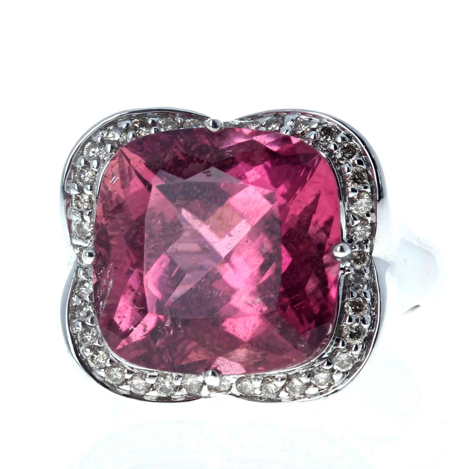 Mixed Cut AJD Brilliant Clear Intense Pinkyred Natural 11.46 Ct Tourmaline & Diamonds Ring For Sale