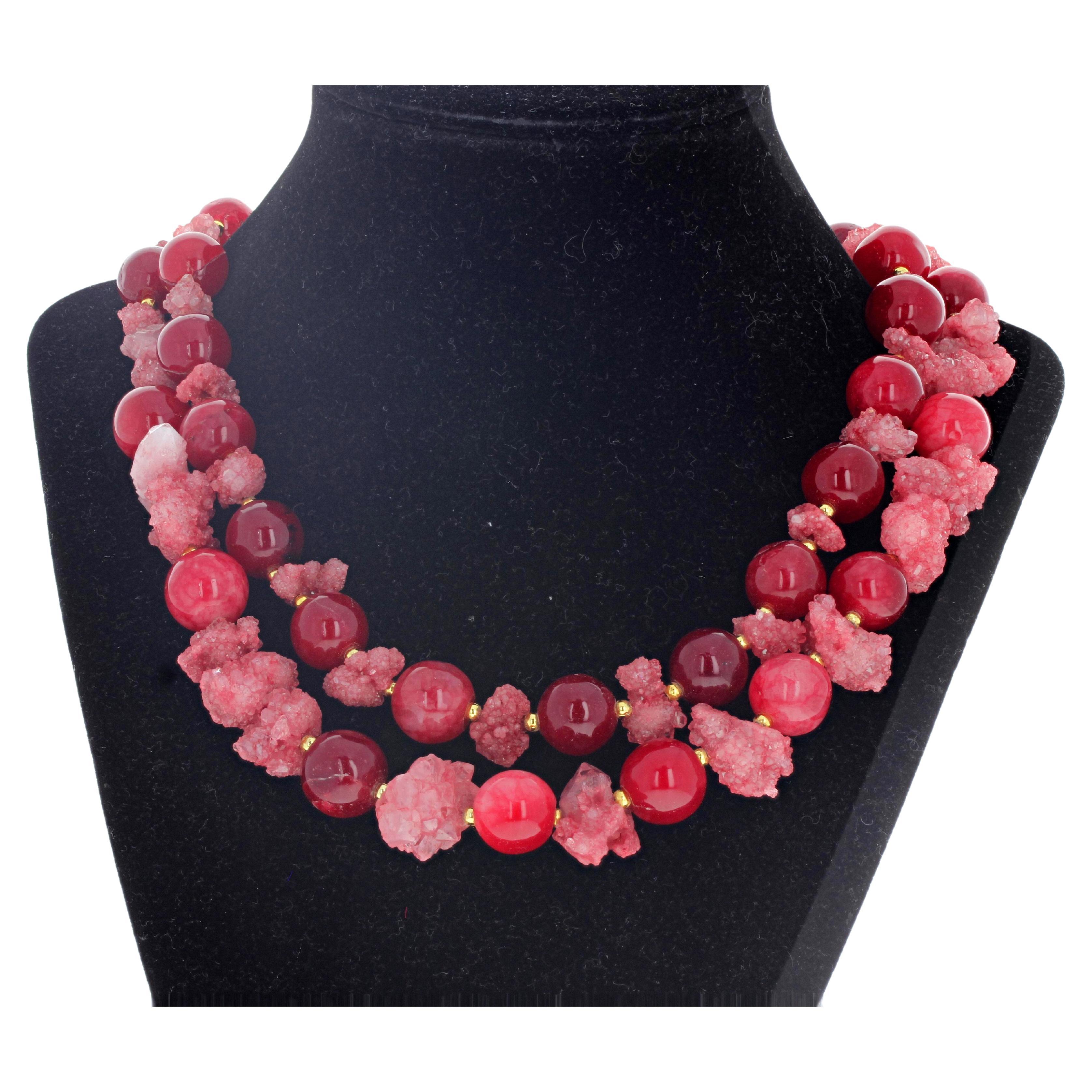 AJD Brilliant Dramatic Double Strand of Druzy Quartz & Red Jade 17 1/2" Necklace For Sale