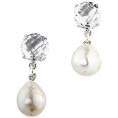 AJD Pendientes de Plata de Ley con Cuarzo Brillante y Perla Marina Cultivada