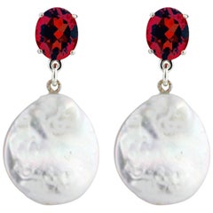 AJD Brillant RARE REAL 8.38Cts Red Garnets & White Coin Pearls 1.5" Earrings