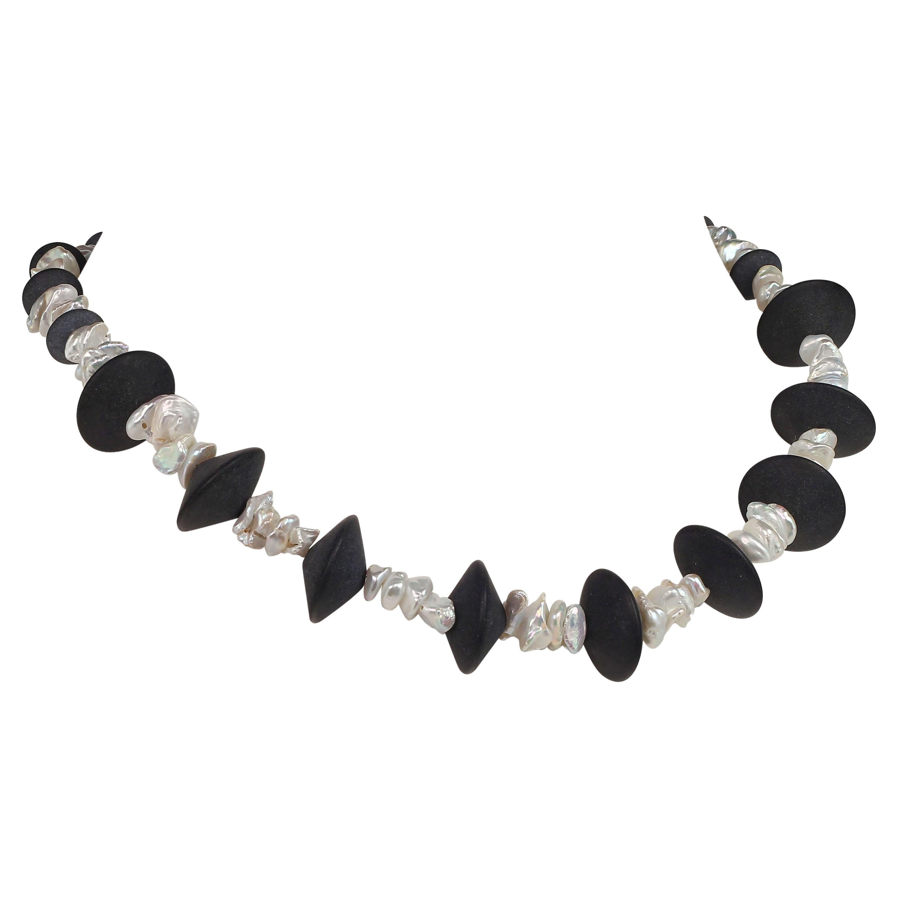 AJD Choker Necklace of Black Onyx and Silvery Biwa Pearls