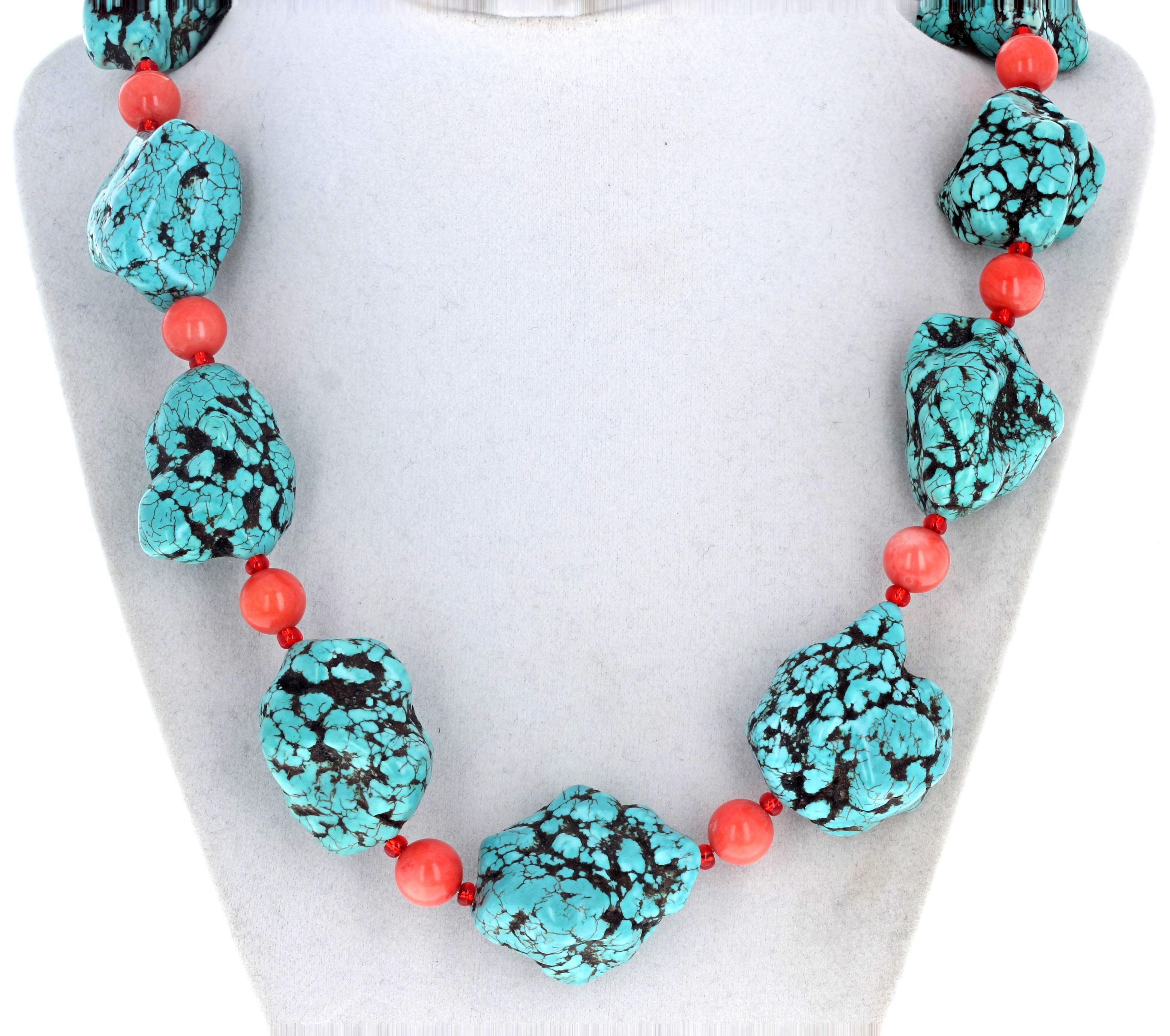 Contemporary AJD Chunky Large Polished Turquoise and Carnelian Necklace For Sale