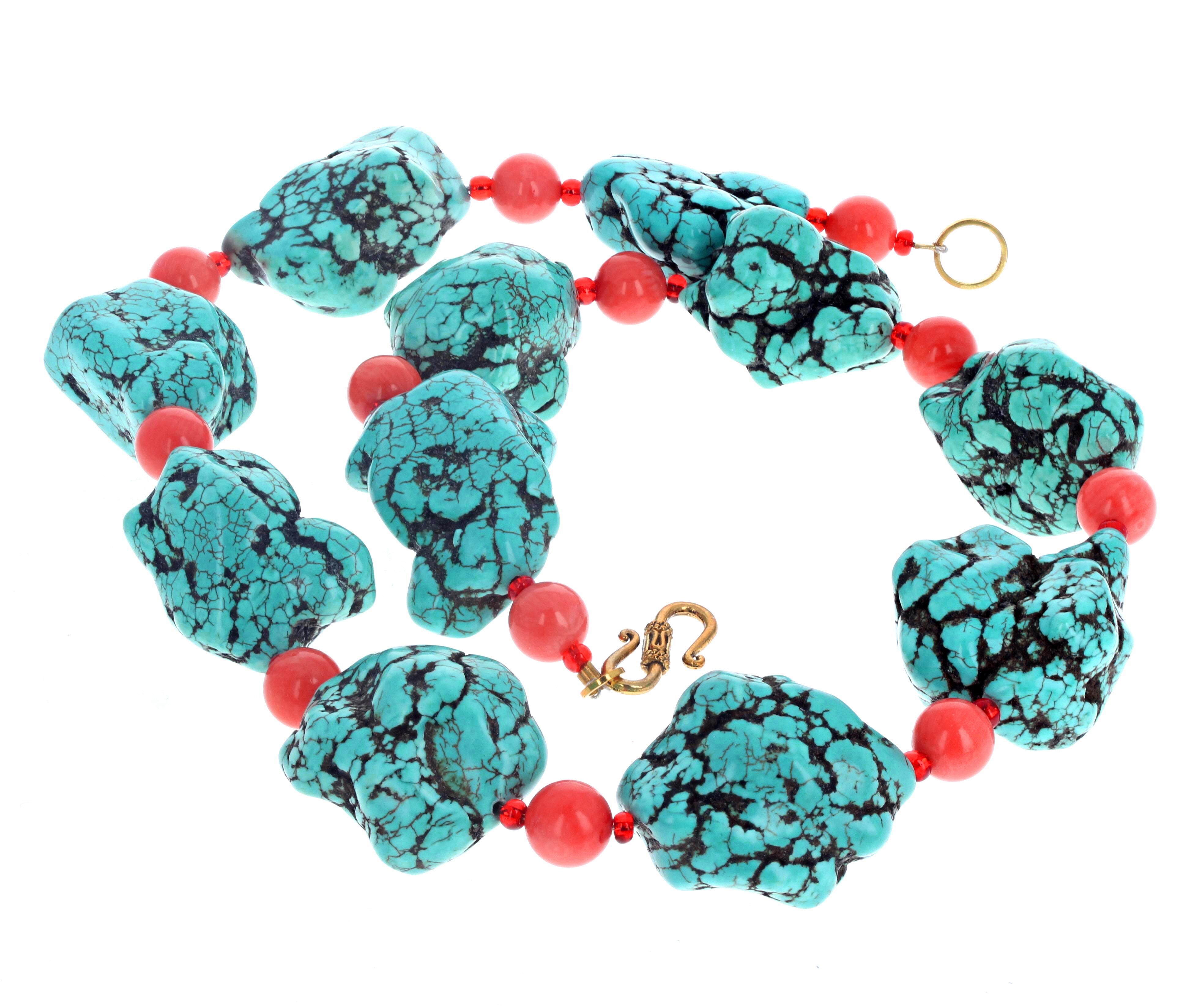 Mixed Cut AJD Chunky Large Polished Turquoise and Carnelian Necklace For Sale