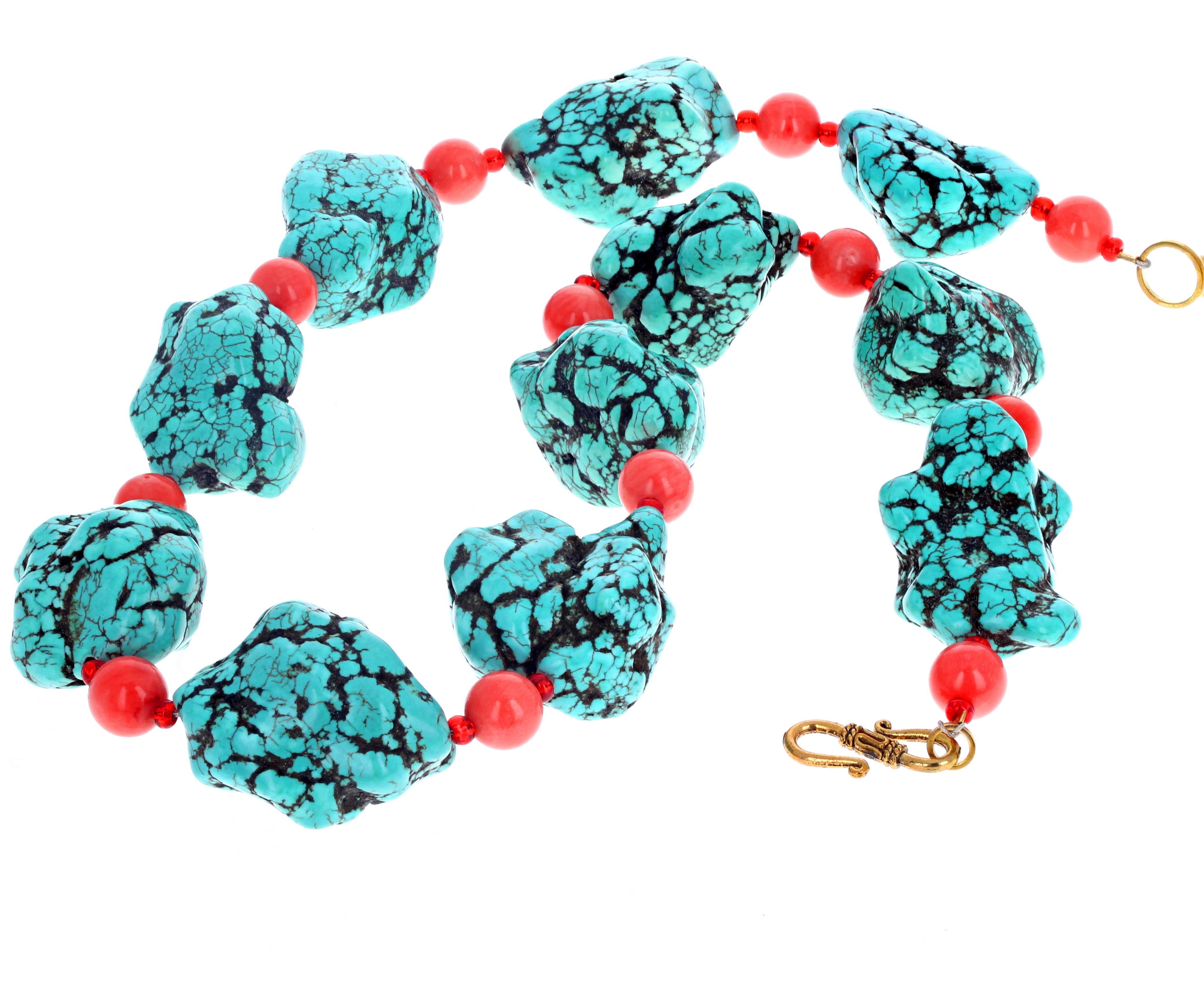 AJD Chunky Large Polished Turquoise and Carnelian Necklace In New Condition For Sale In Raleigh, NC