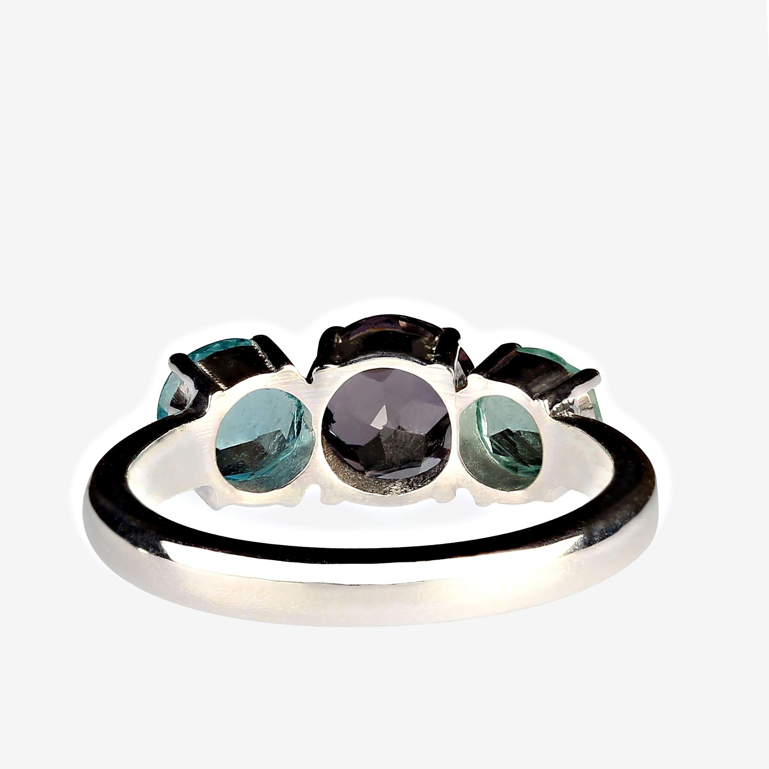 Round Cut AJD Classic Three Stone Blue Tourmaline Ring For Sale