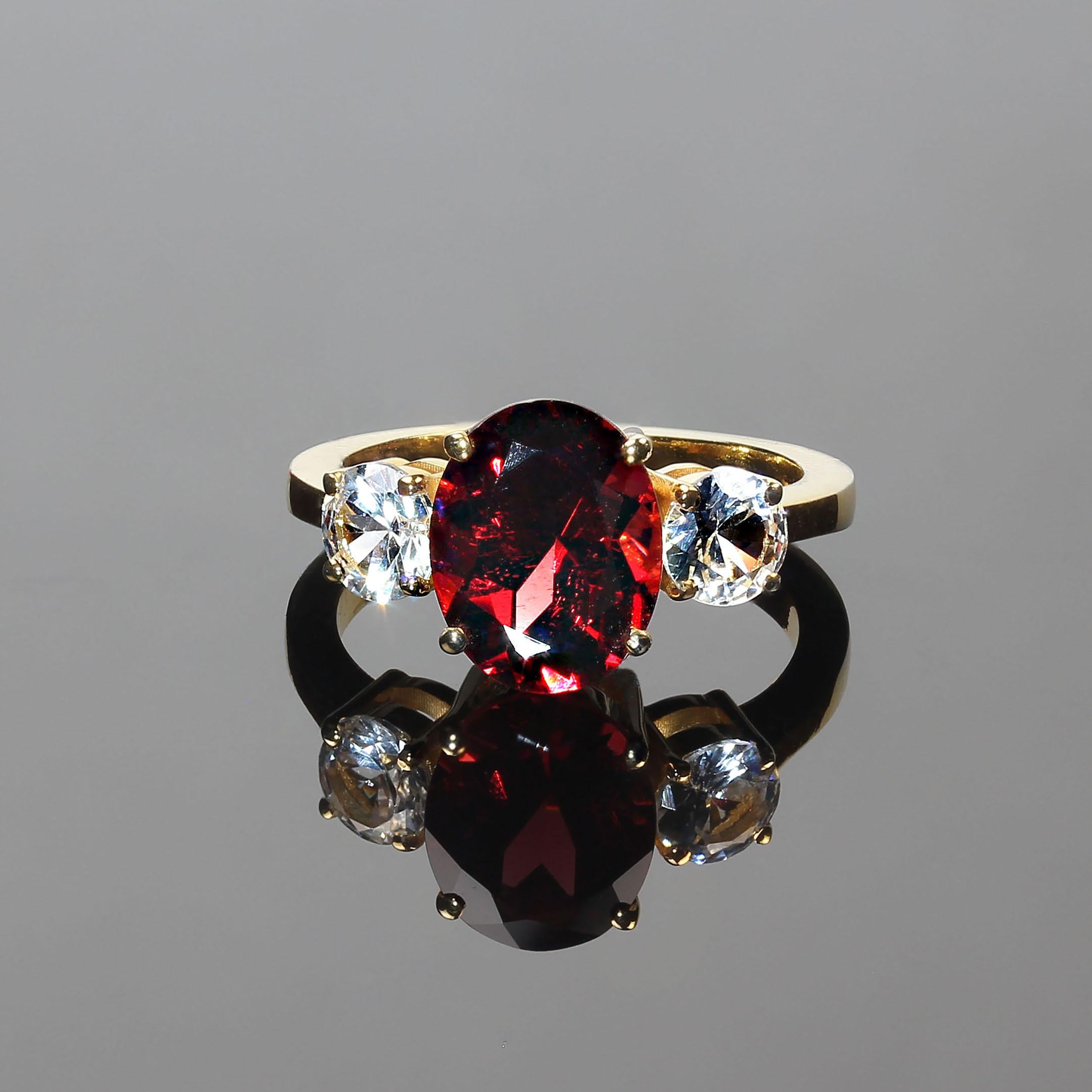AJD Classic Three Stone Gorgeous Garnet and White Sapphire Ring In New Condition For Sale In Raleigh, NC