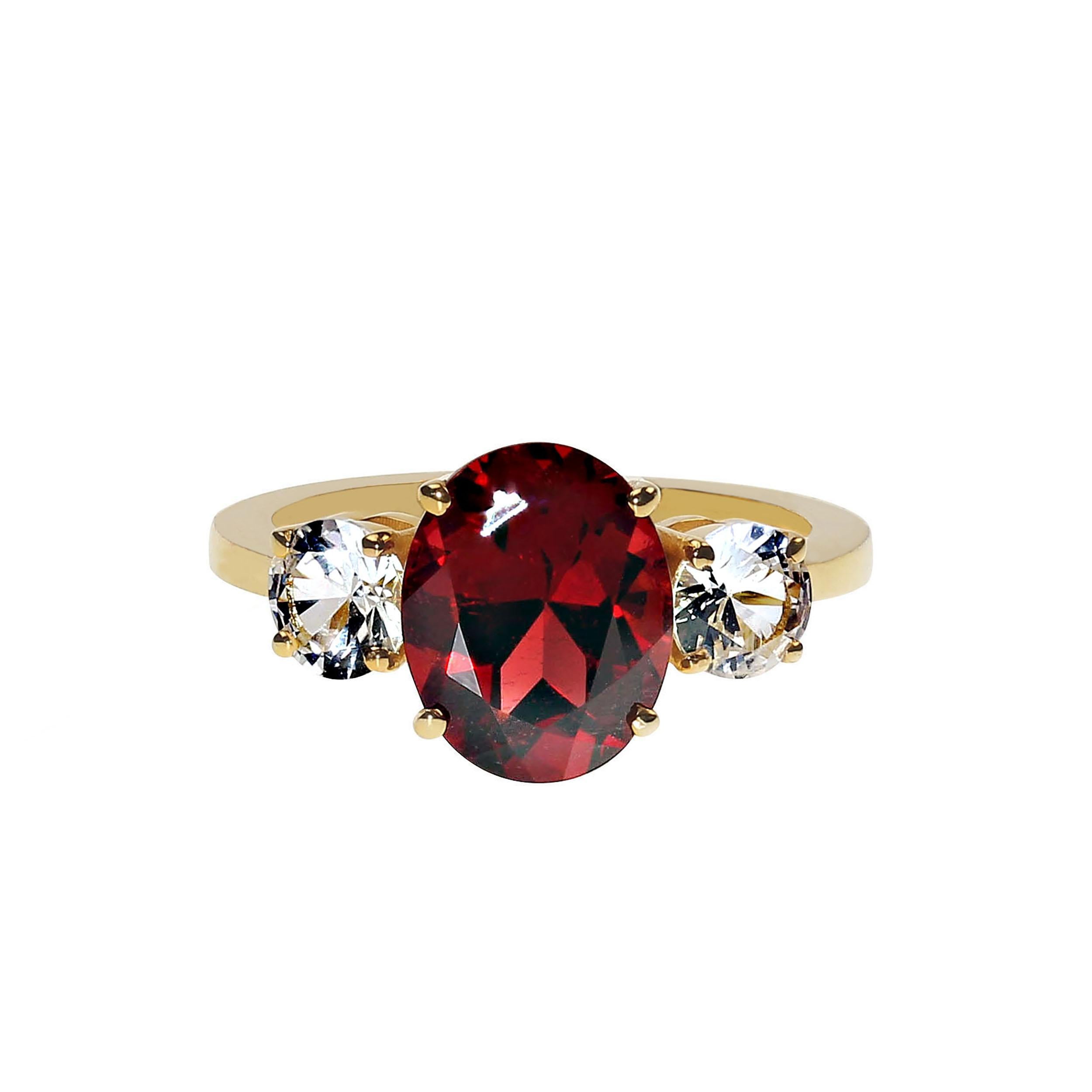 Artisan AJD Classic Three Stone Gorgeous Garnet and White Sapphire Ring For Sale