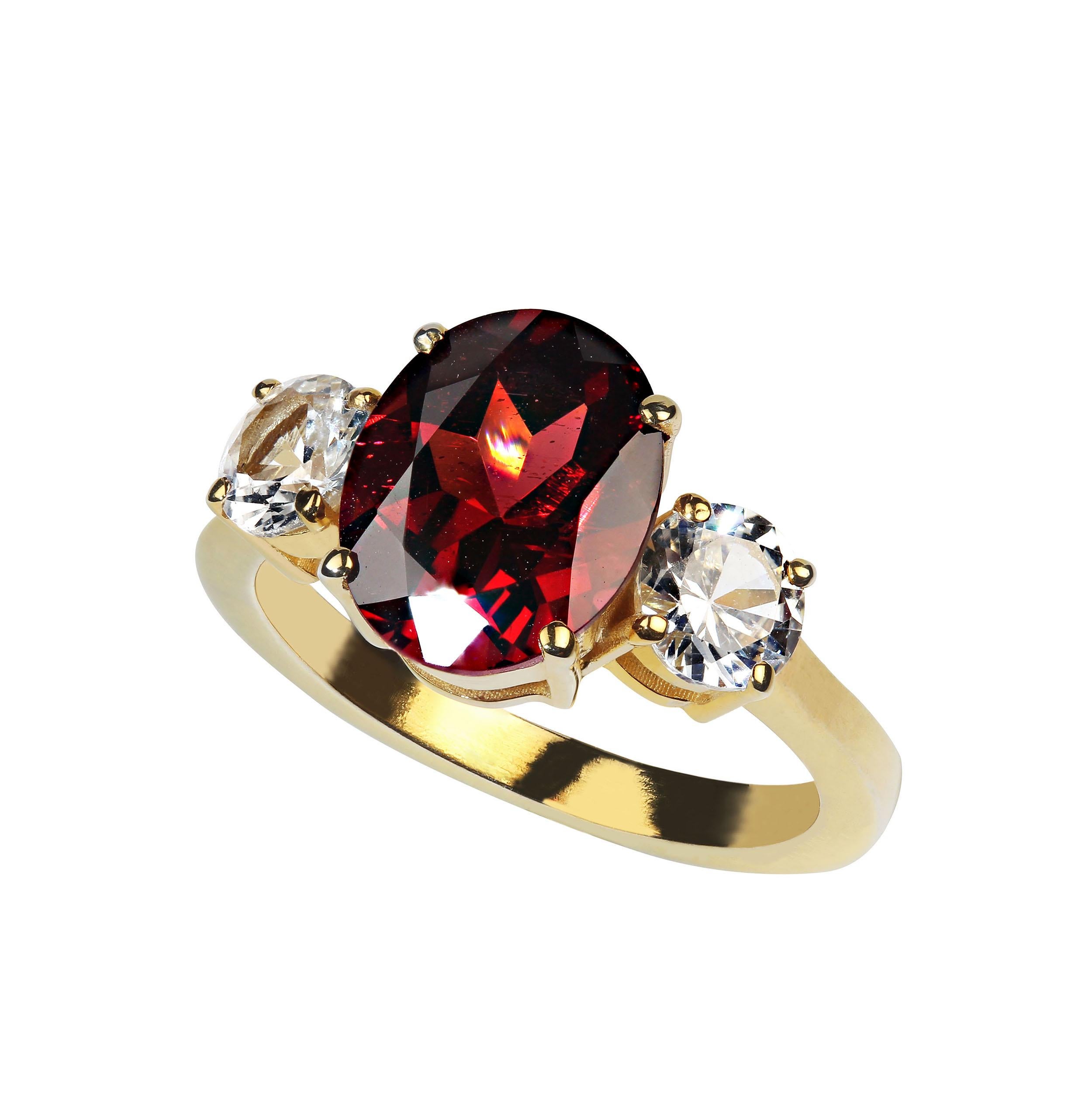 Women's or Men's AJD Classic Three Stone Gorgeous Garnet and White Sapphire Ring For Sale