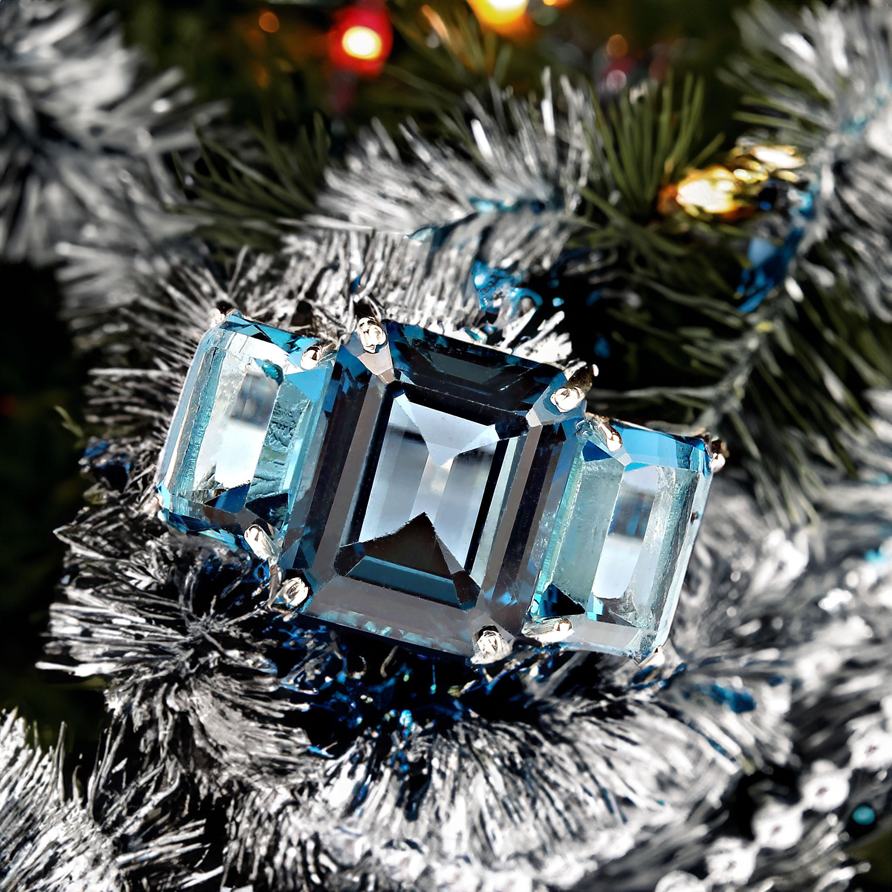 AJD Classic Three Stone Ring of Emerald Cut London Blue Topaz In New Condition For Sale In Raleigh, NC